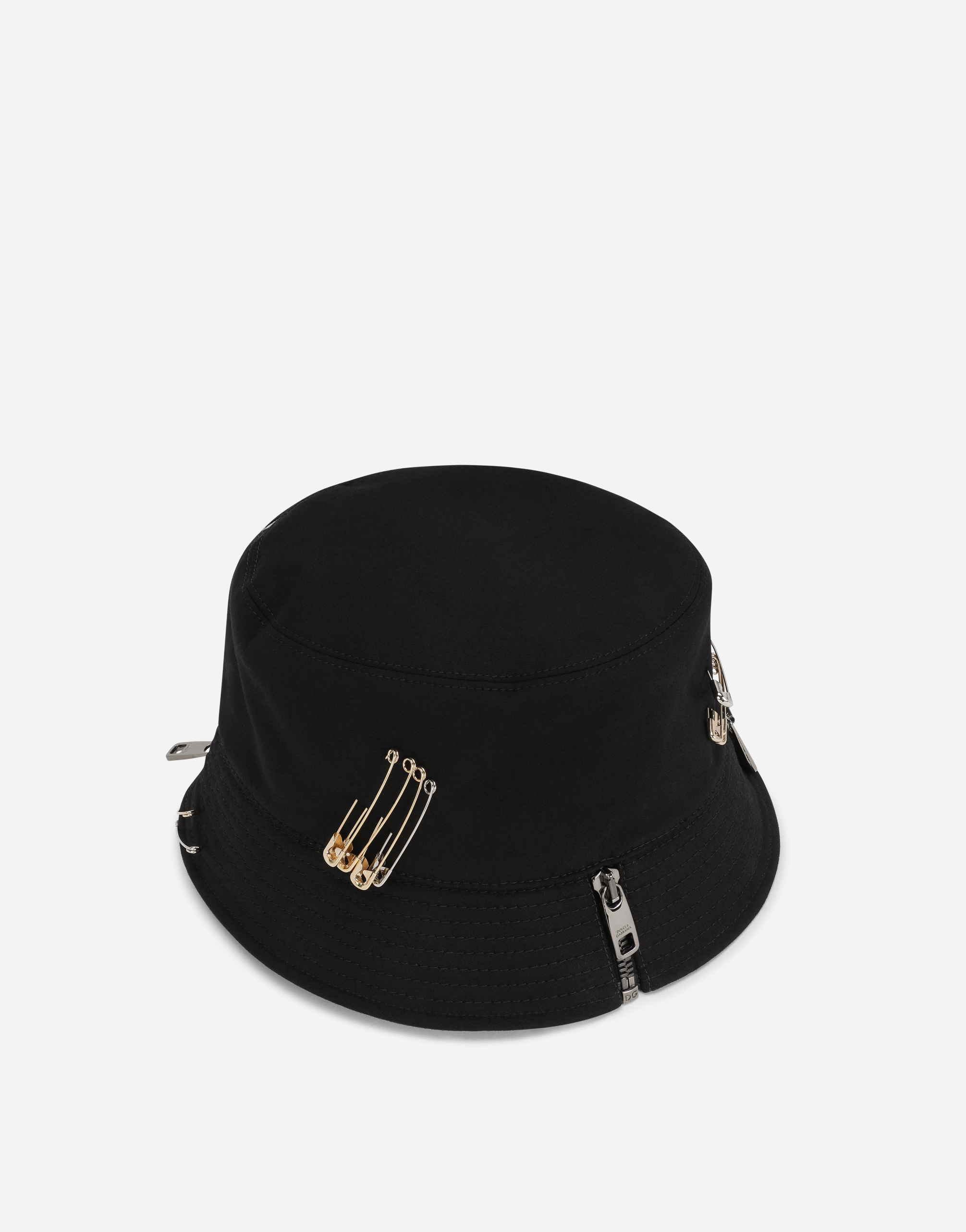 Cotton bucket hat with safety pins and DG patch in Black