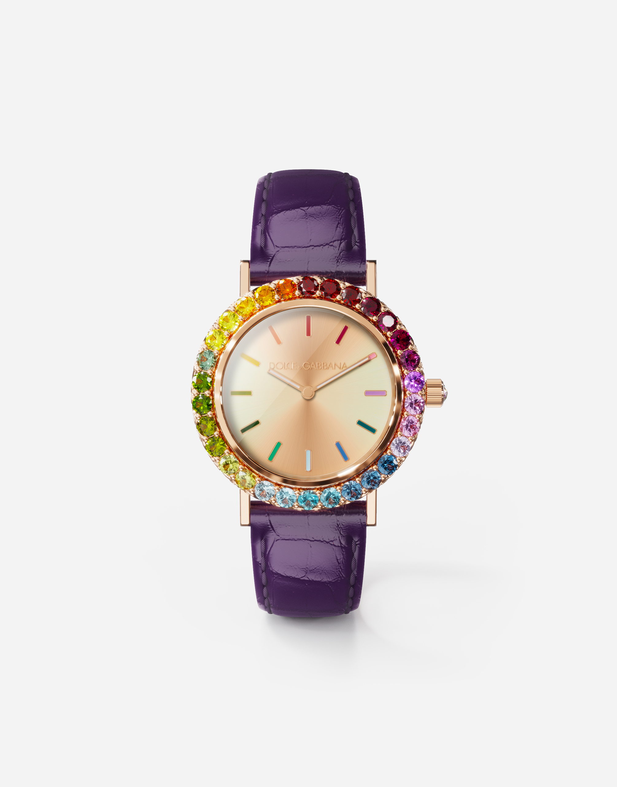 Iris watch in rose gold with multi-colored fine gems in Purple