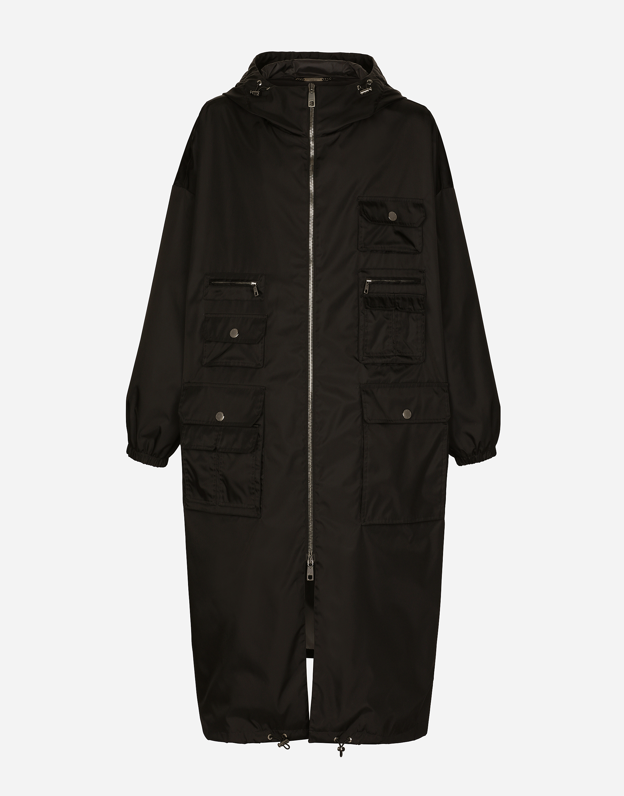 Multi-pocket nylon trench coat in Black