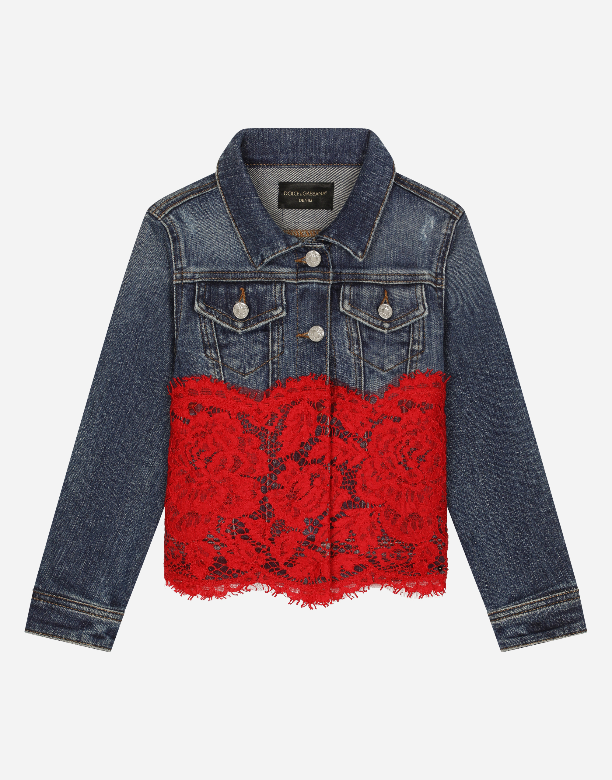 Denim jacket with lace insert in Multicolor