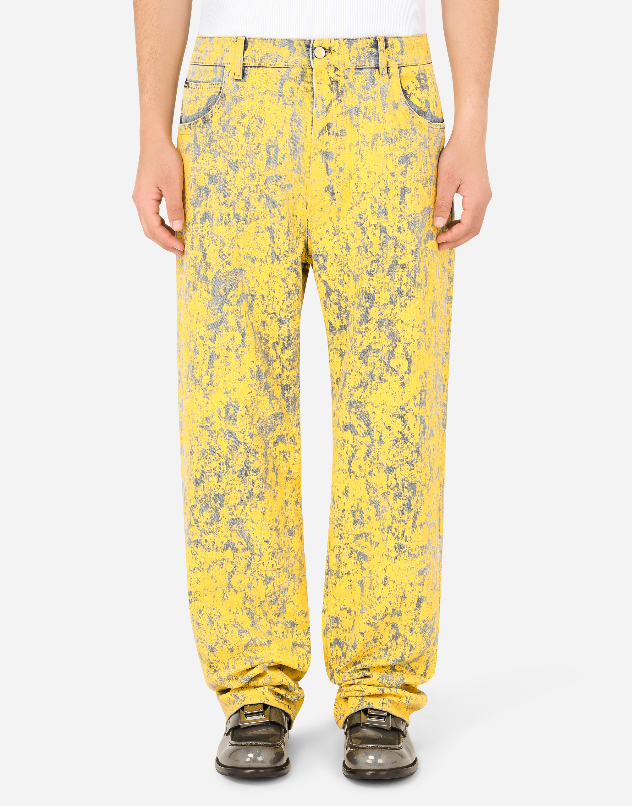 Oversize stretch jeans with marbled print in Yellow