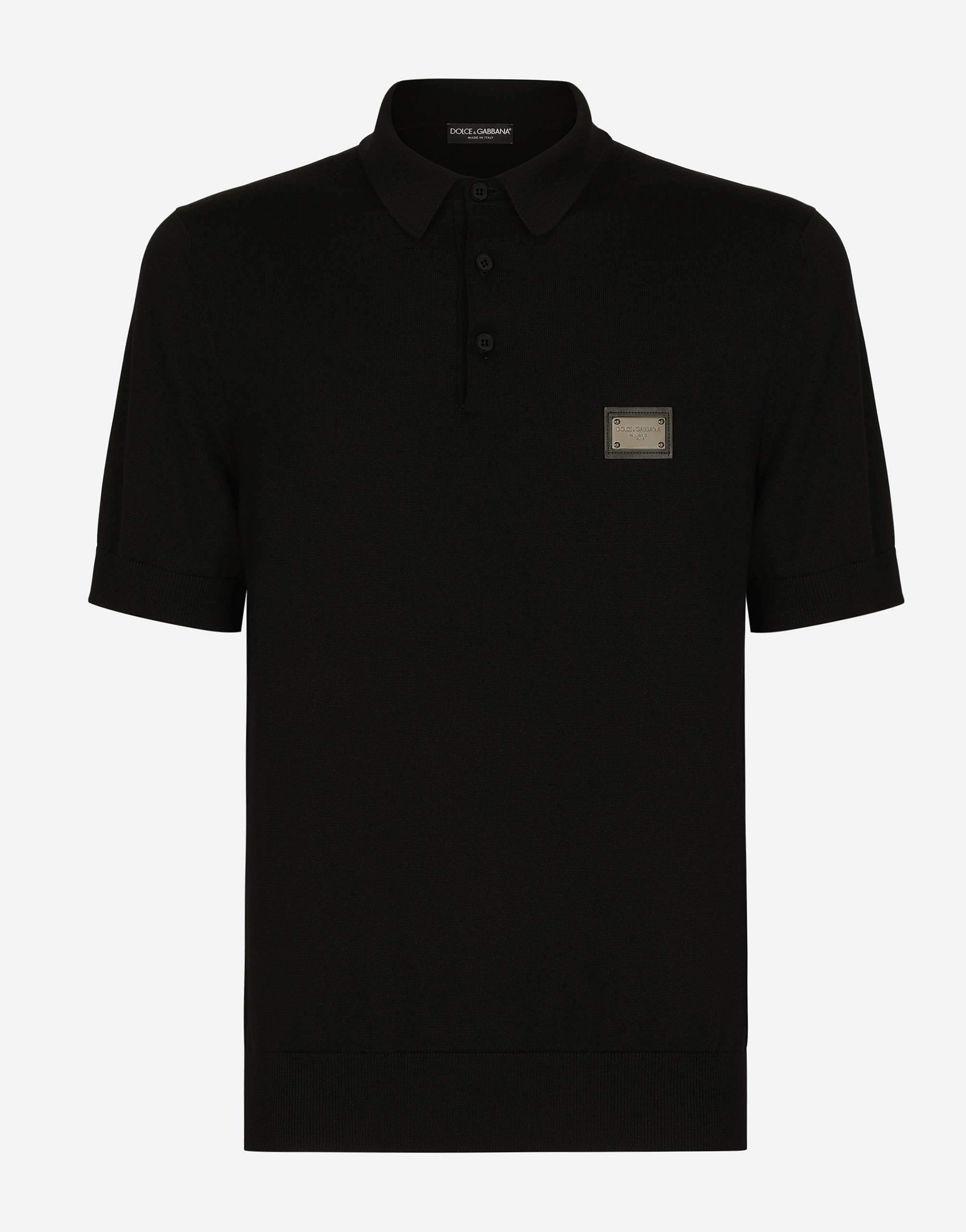 Wool polo-shirt with branded tag in Black