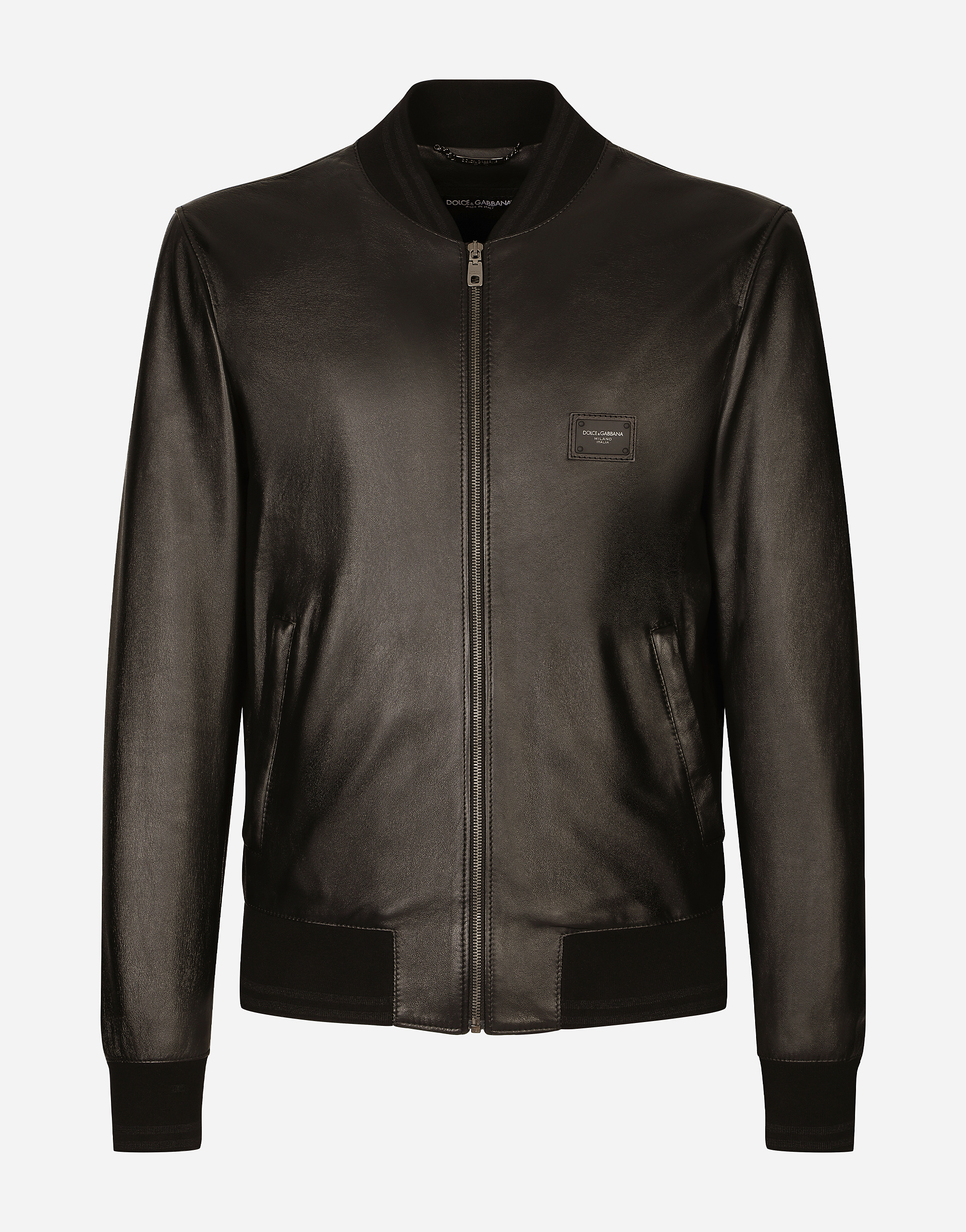 Leather jacket with branded plate in Black