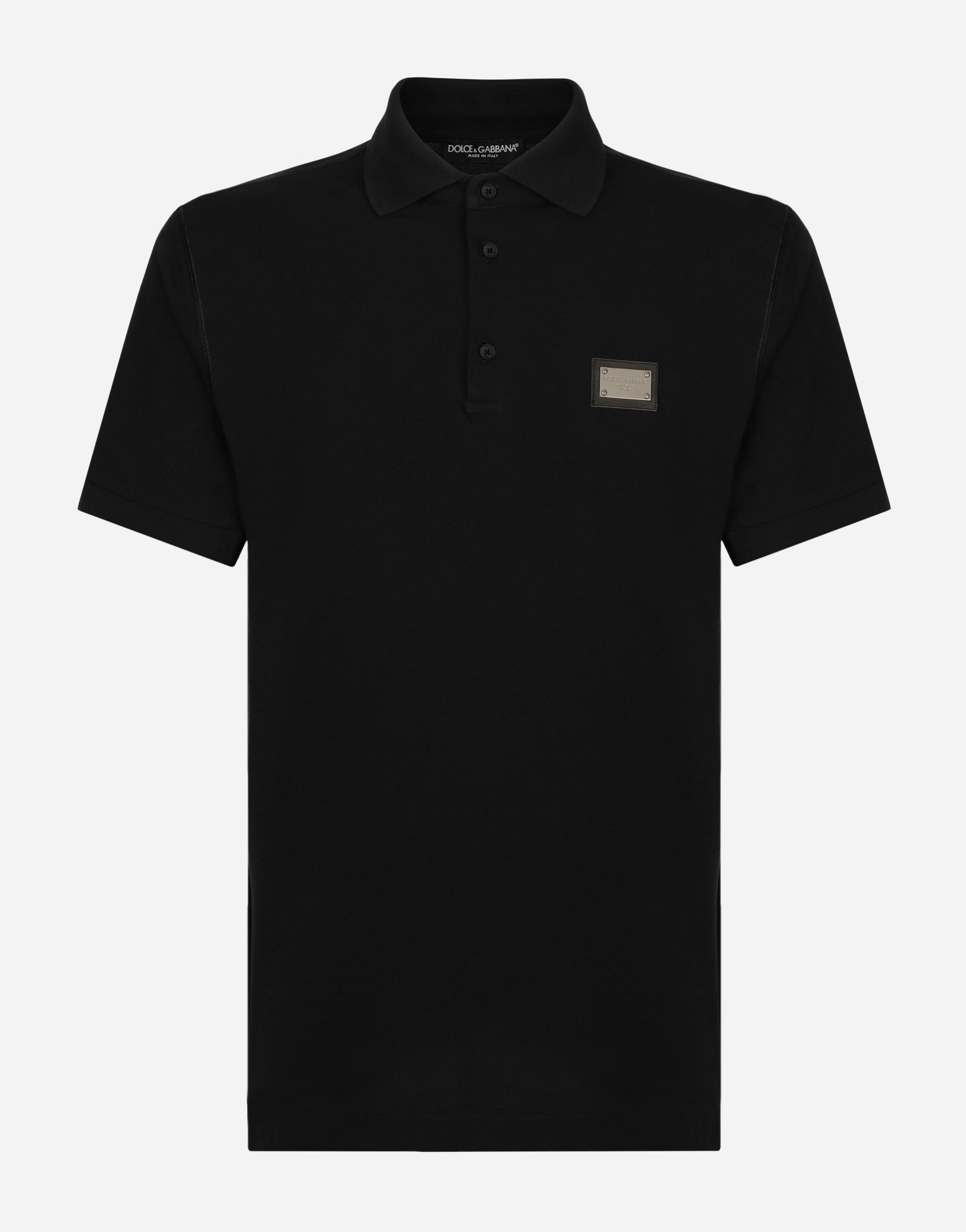 Cotton piqué polo-shirt with branded tag in Black