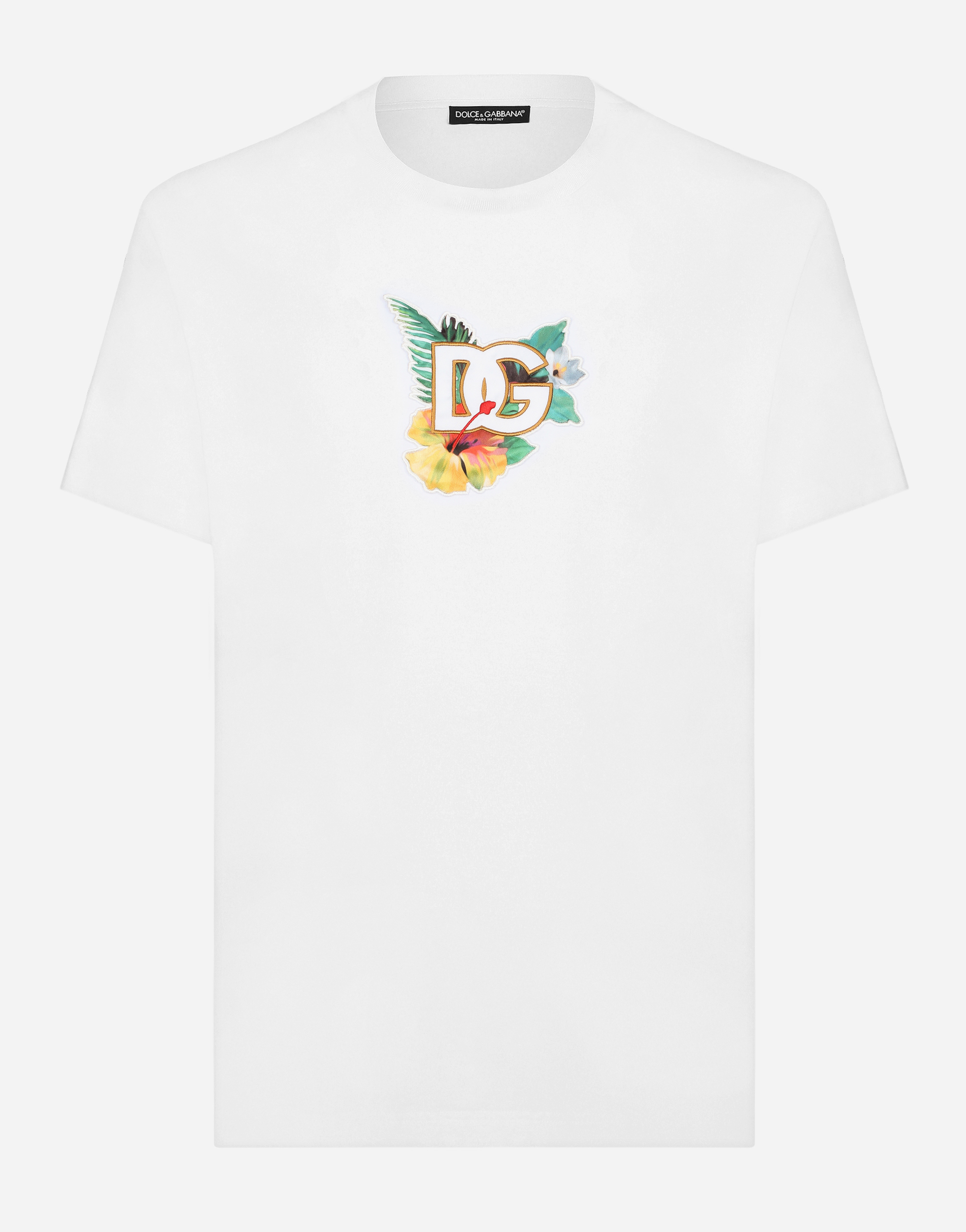 Hawaiian-print round-neck T-shirt with DG embroidery in White