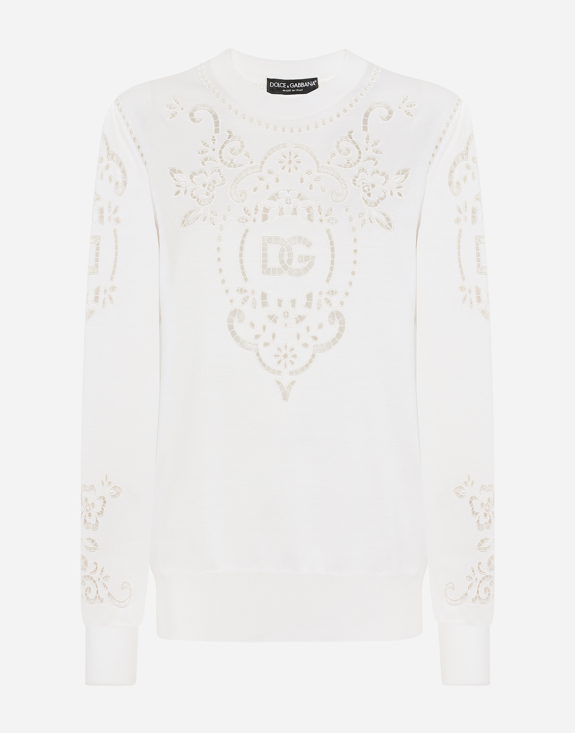 Silk sweater with DG openwork embroidery in White