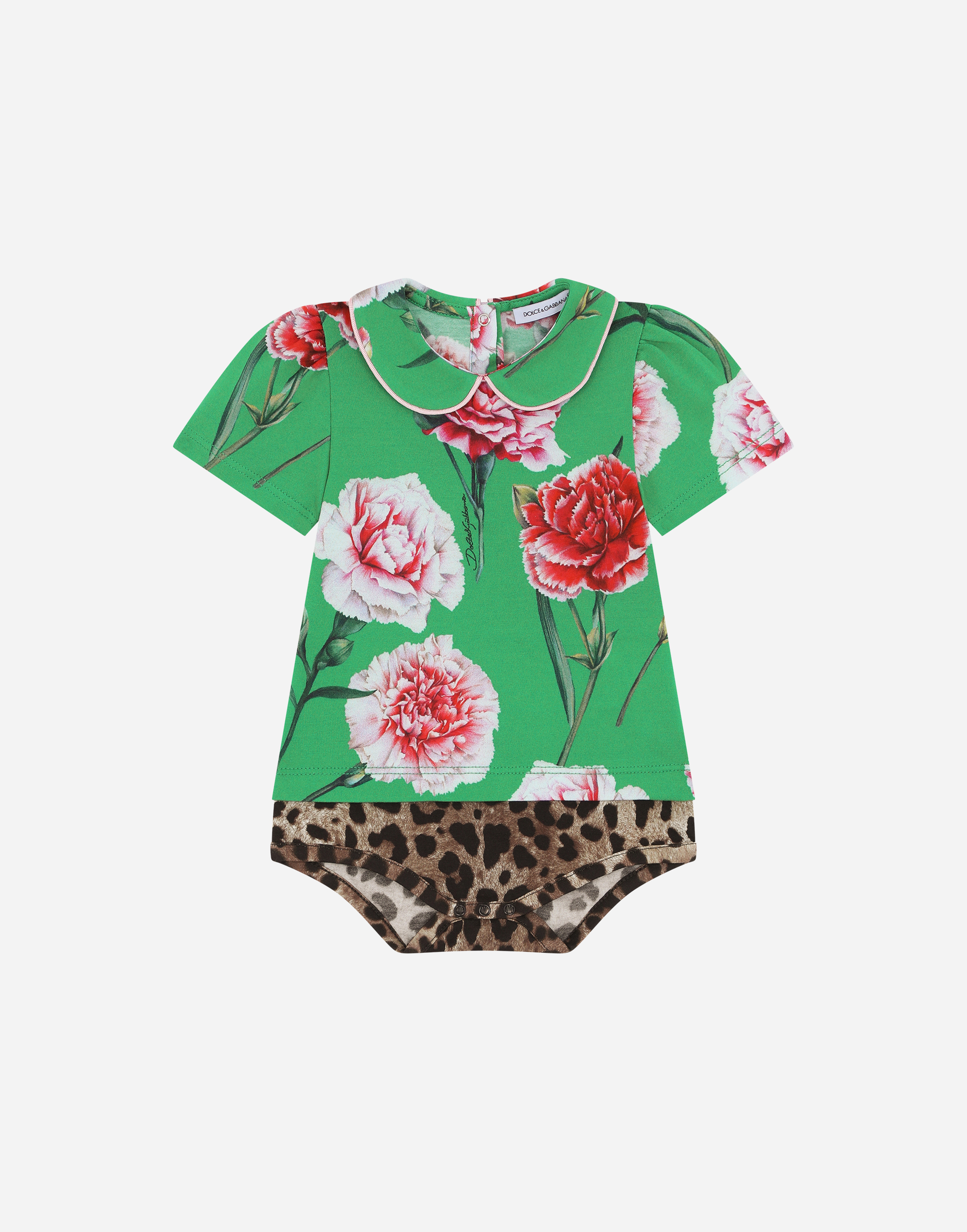Leopard and carnation-print jersey babygrow in Multicolor