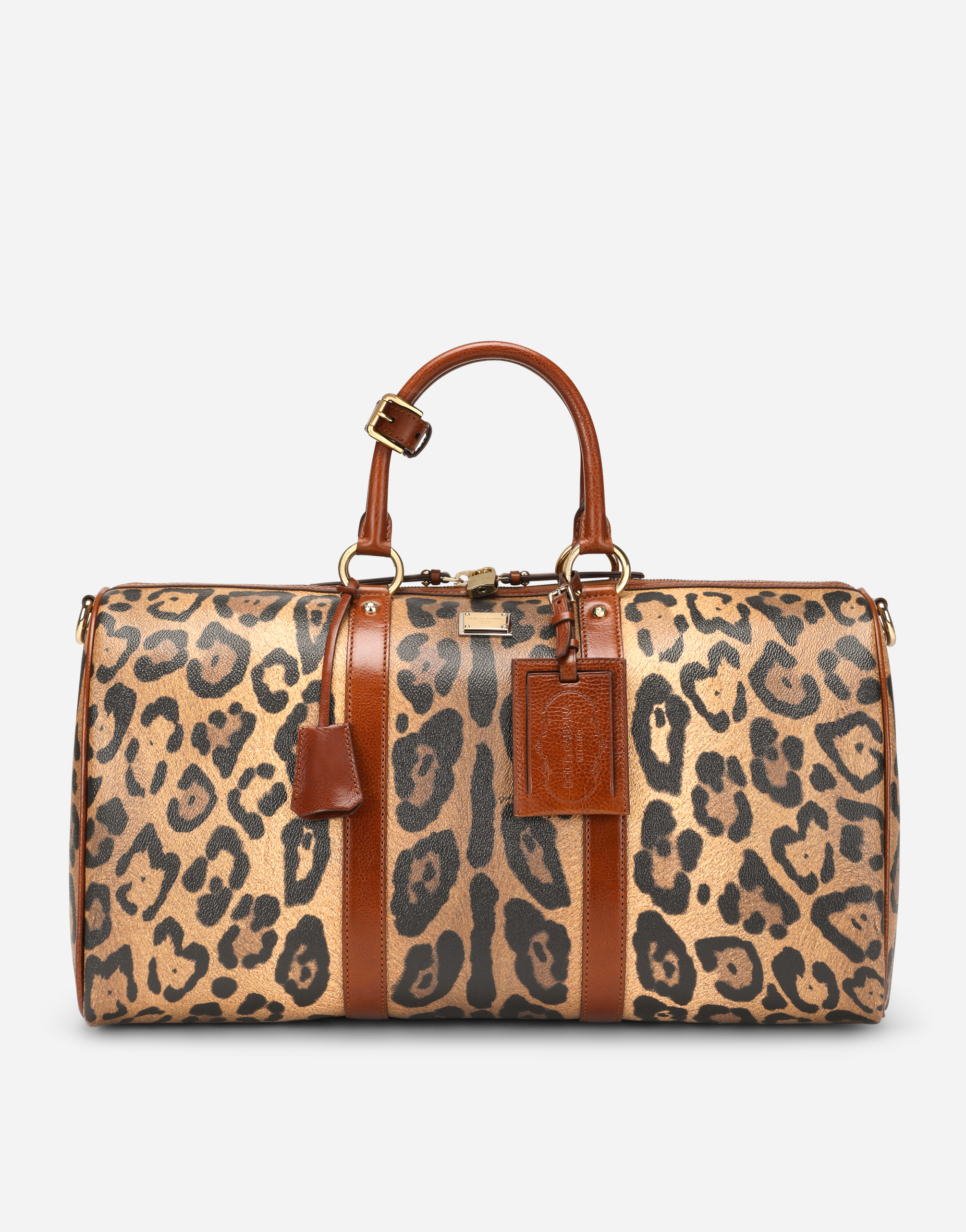 Small travel bag in leopard-print Crespo with branded plate in Multicolor