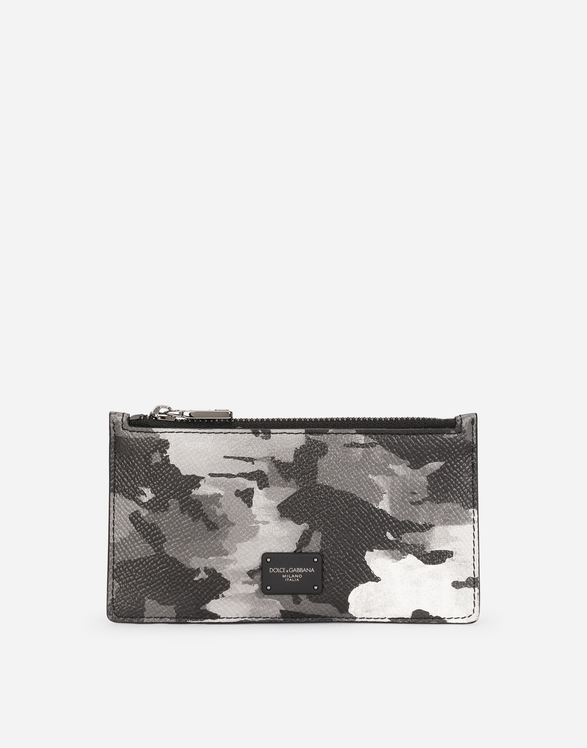 Dauphine calfskin card holder with leopard print against a gray background in Multicolor