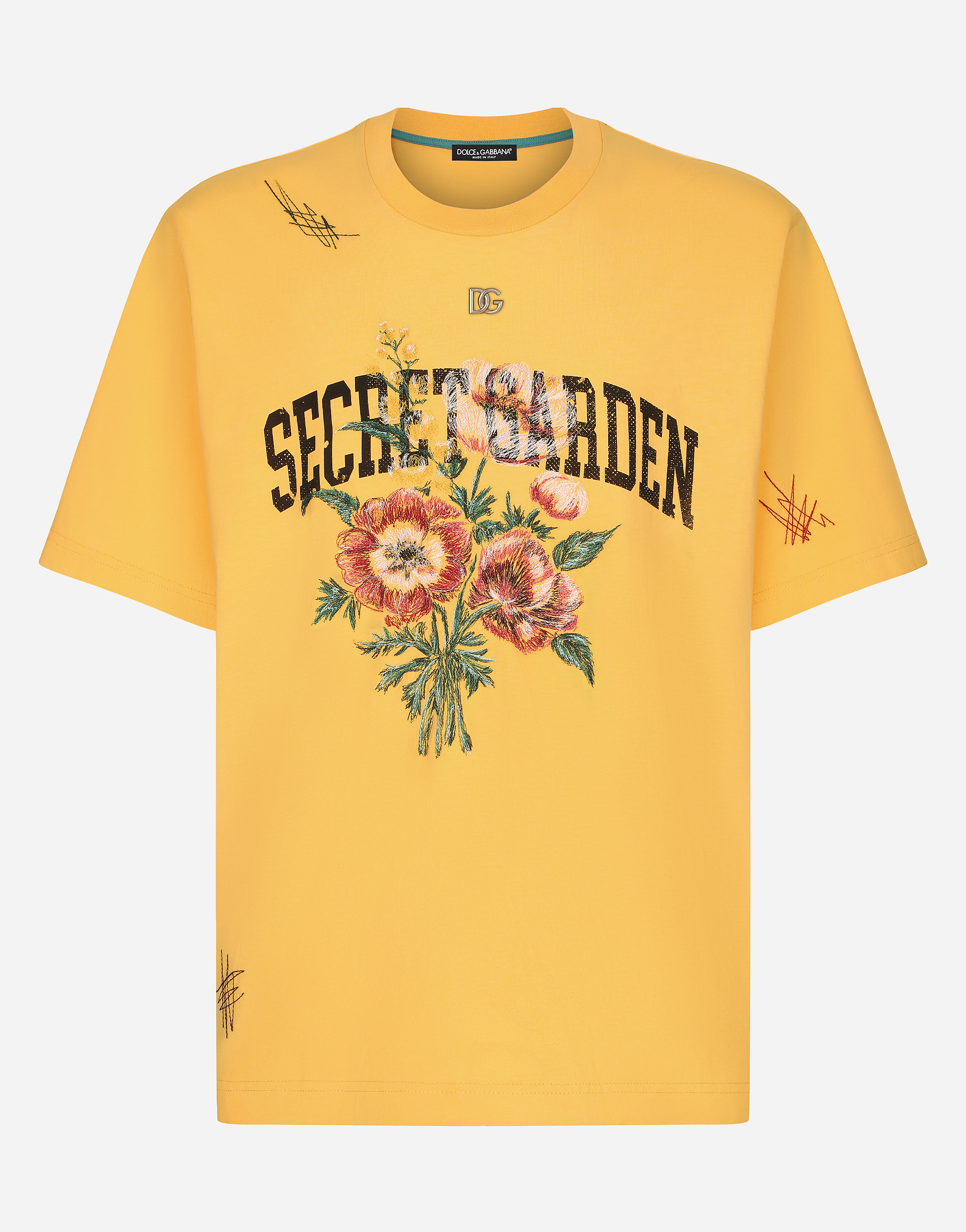 Printed cotton T-shirt with floral embroidery in Yellow
