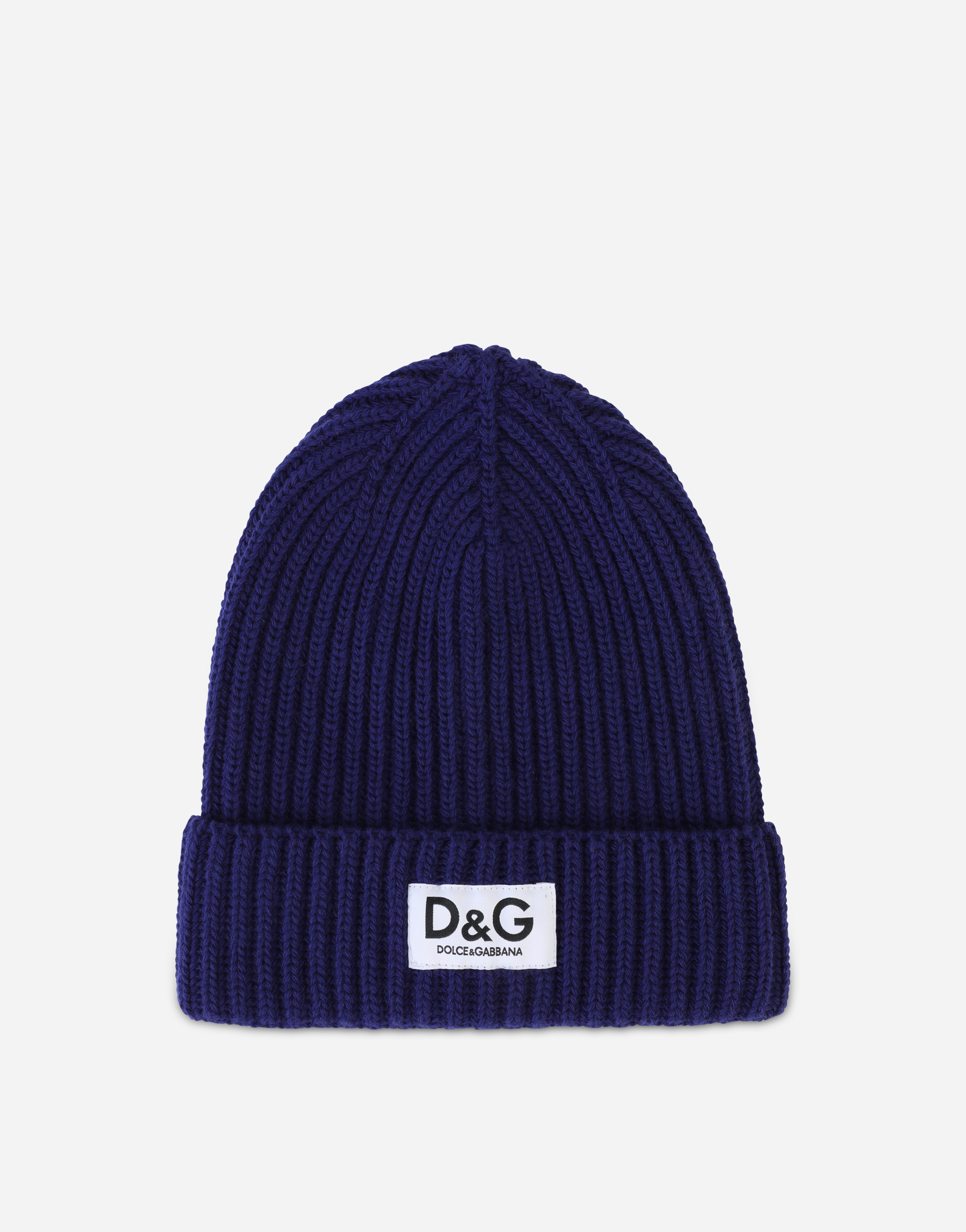 Ribbed knit hat with logo label in Blue