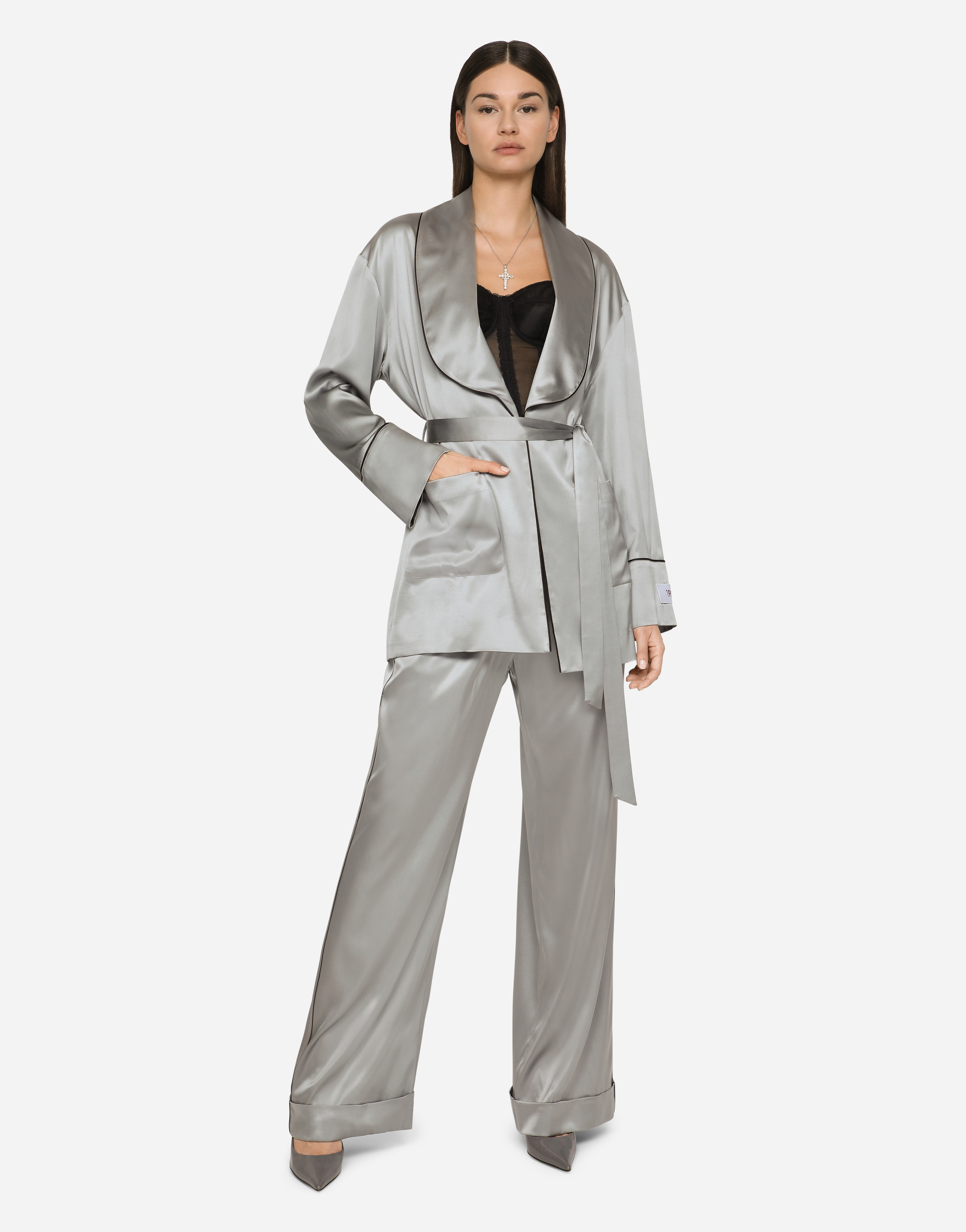Shop Dolce & Gabbana Satin Pajama Pants With Piping In Grey