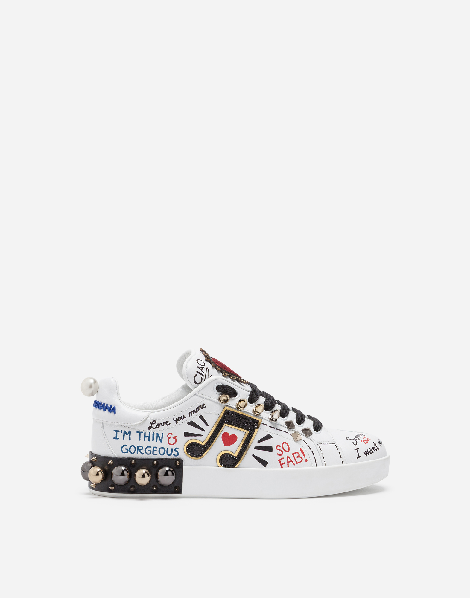 Printed calfskin nappa Portofino sneakers with patch and embroidery in White