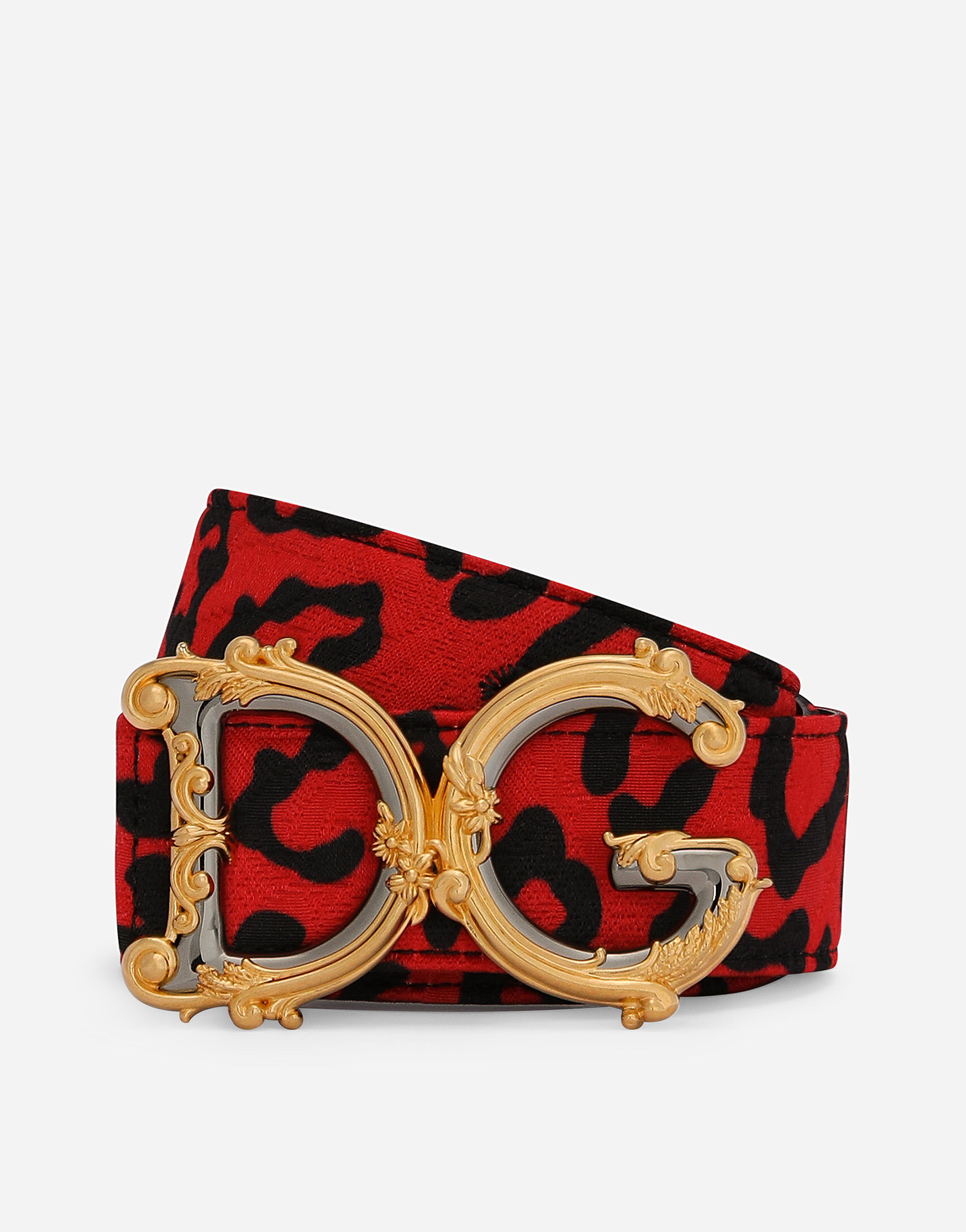 Leopard-print brocade belt with baroque DG logo in Multicolor