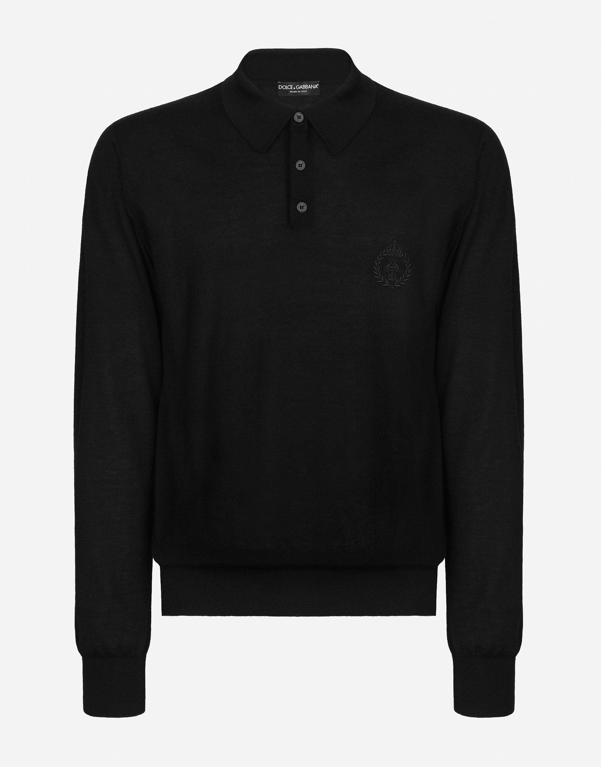 Cashmere polo-style sweater with DG logo embroidery in Black