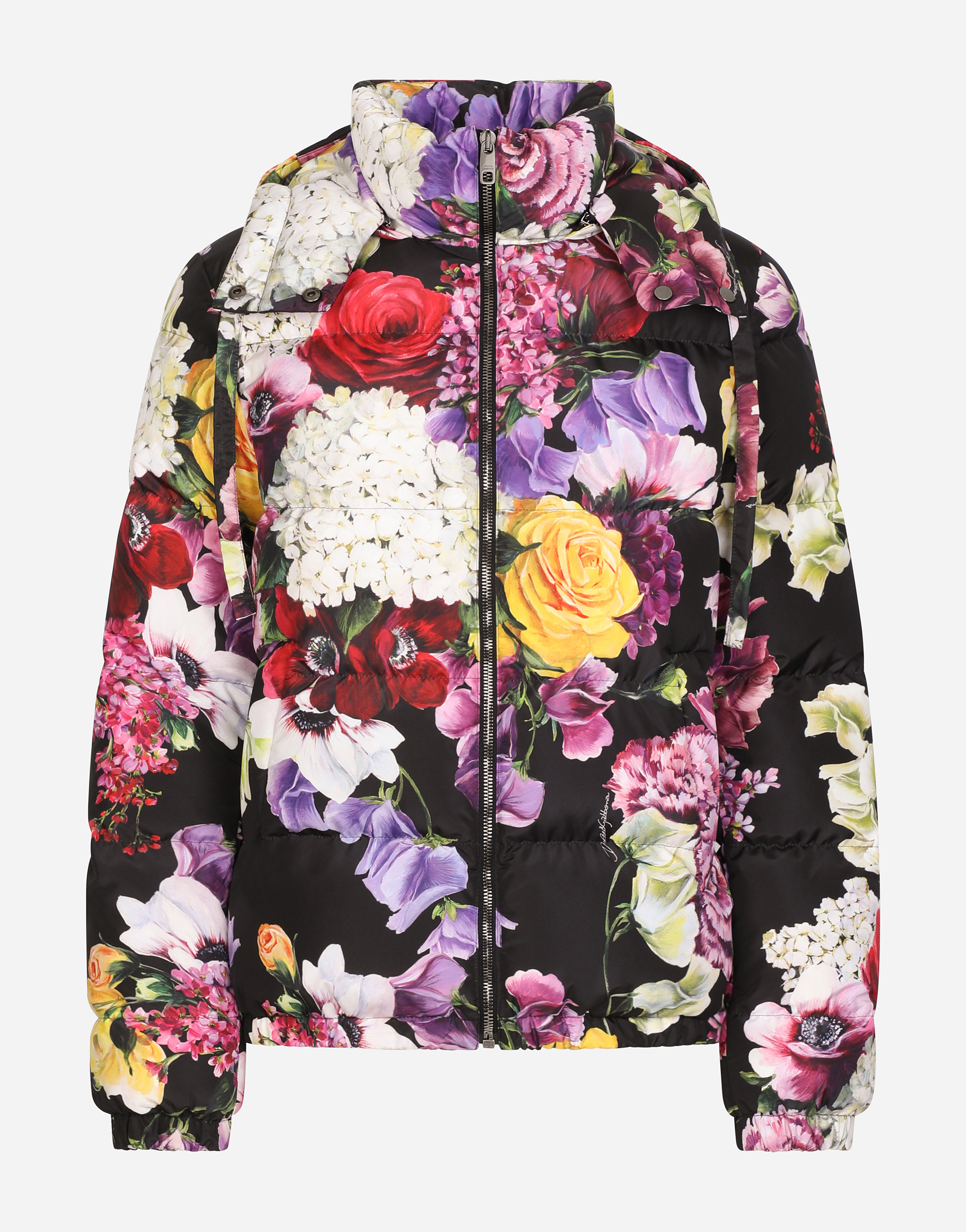 Nylon down jacket with hydrangea and floral print in Multicolor