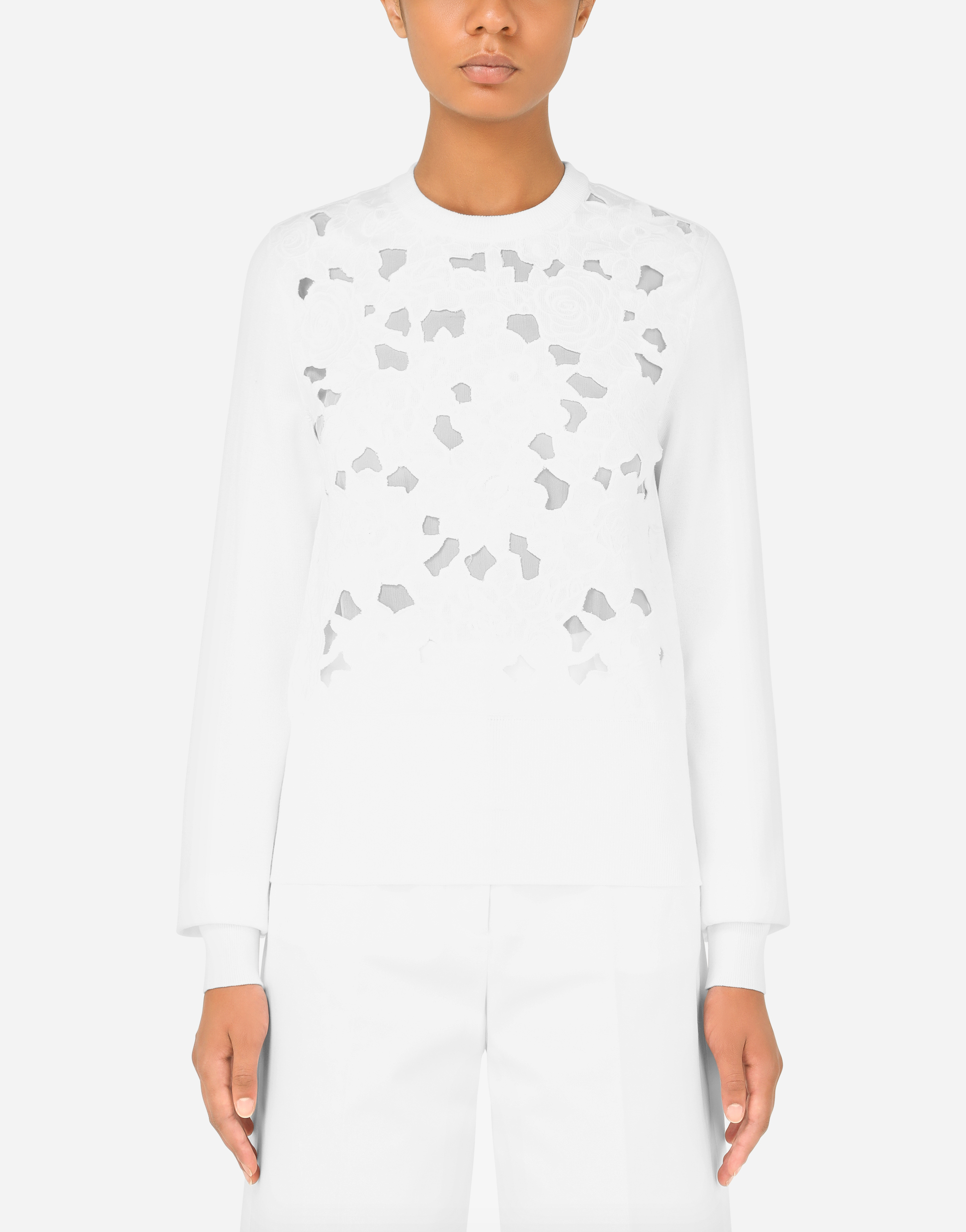 Silk sweater with openwork embroidery in White