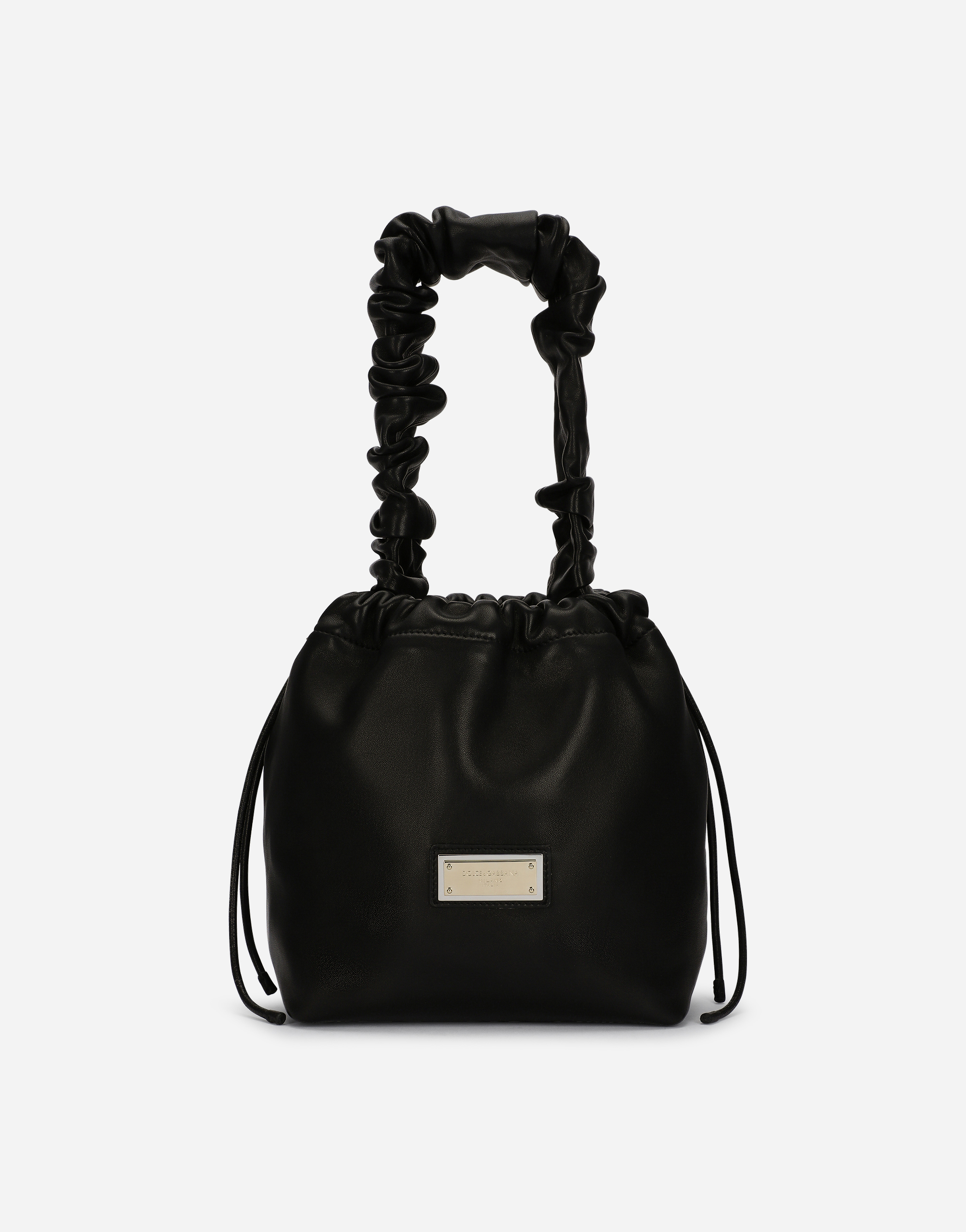 Nappa leather Soft bucket bag with branded tag in Black