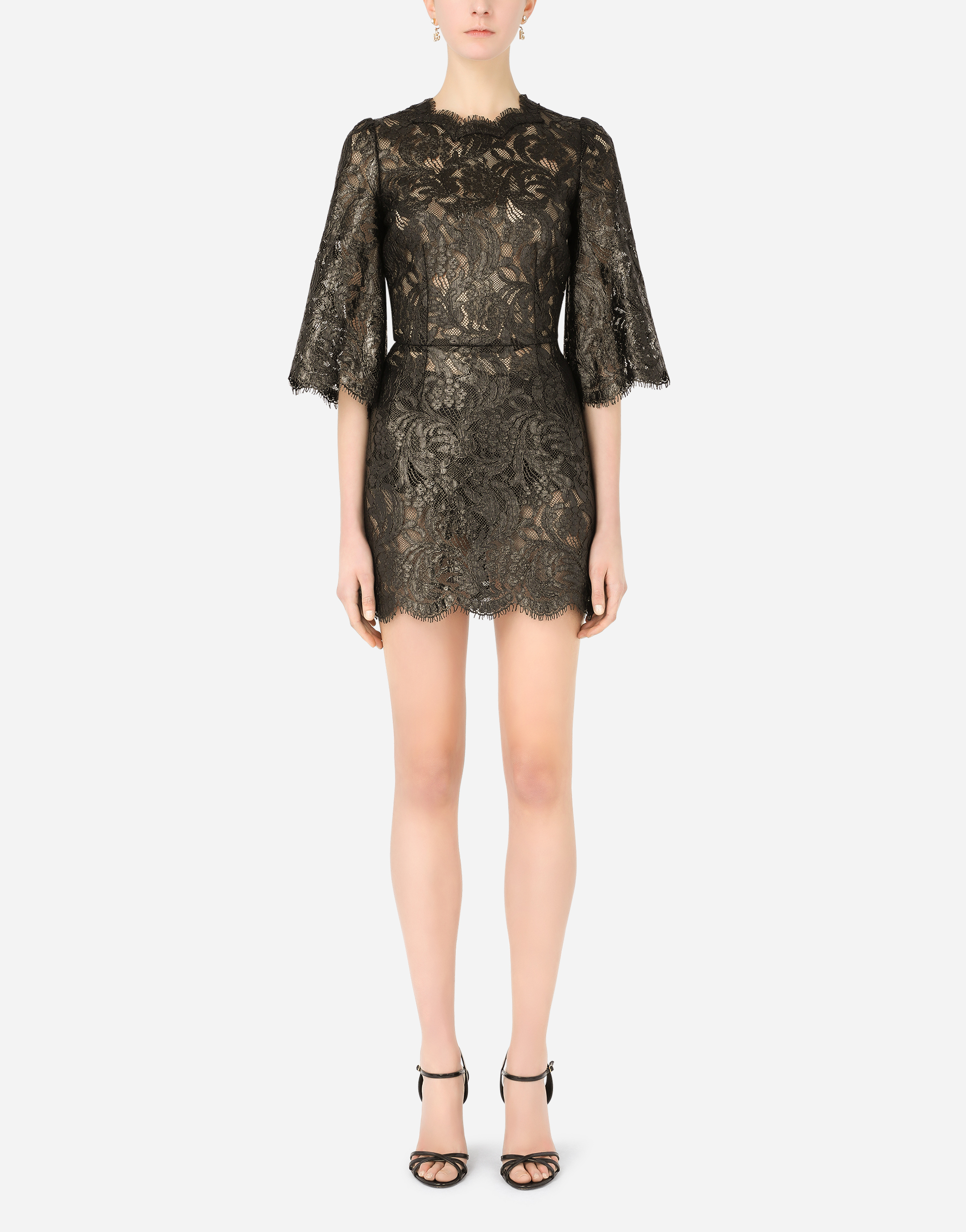 Short laminated lace dress in Black