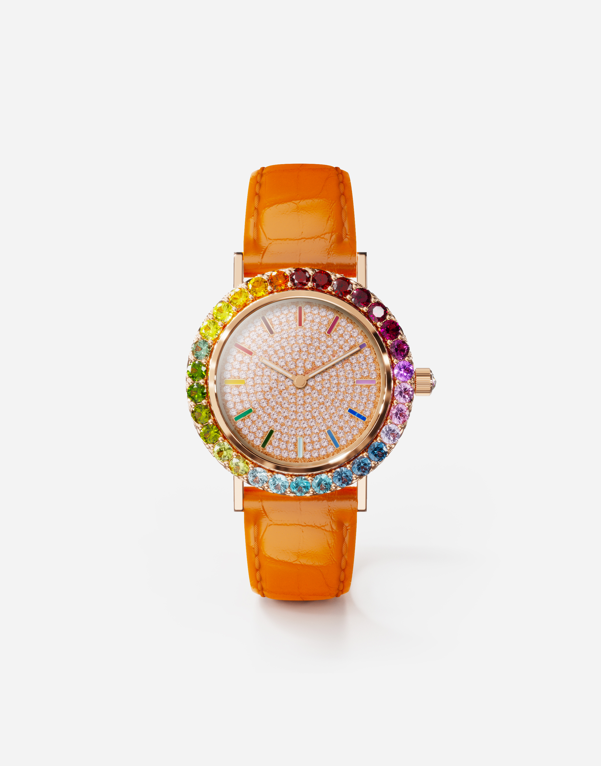 Iris watch in rose gold with multi-colored fine gems and diamonds in Orange