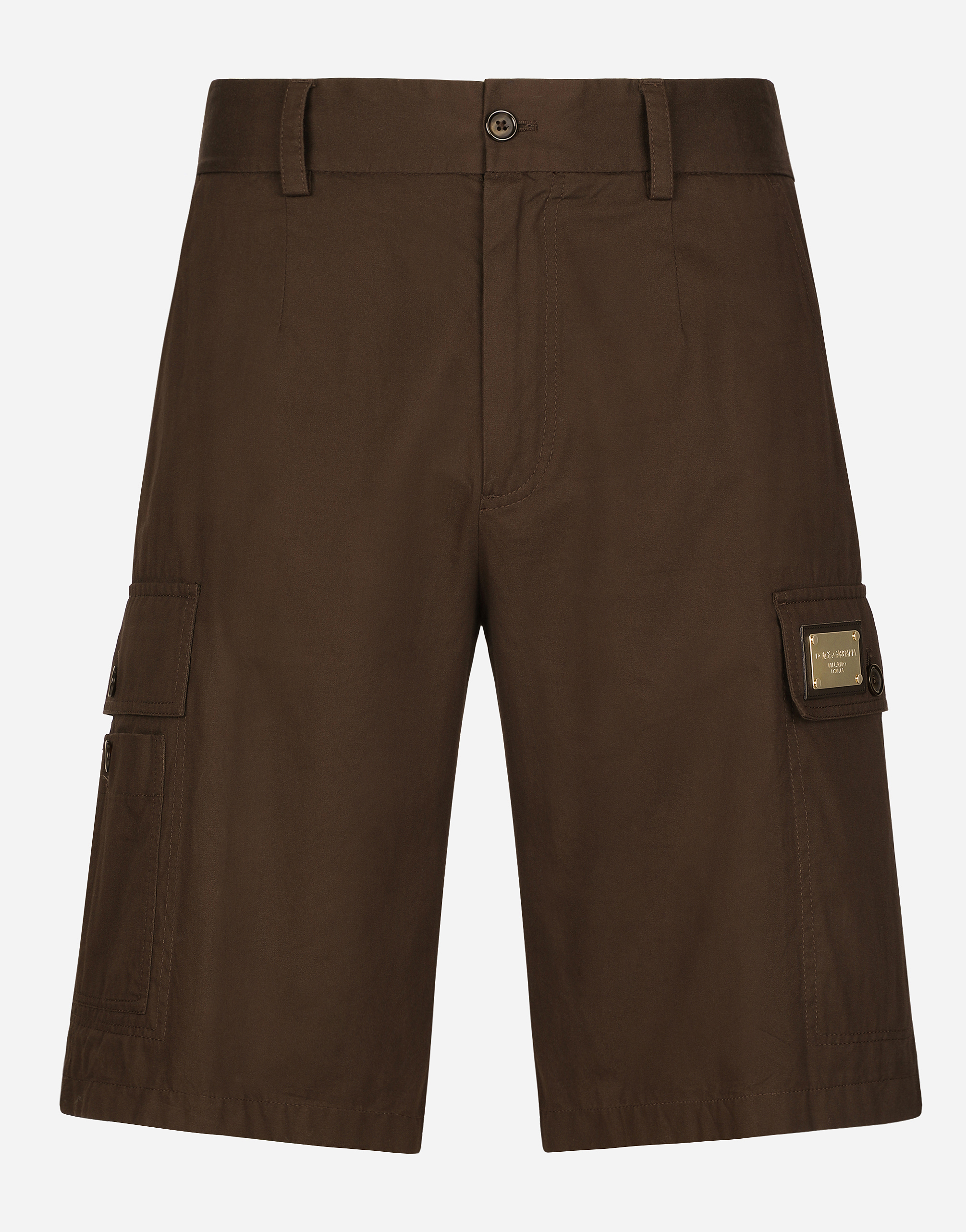 Cotton gabardine cargo Bermuda shorts with brand plate in Brown