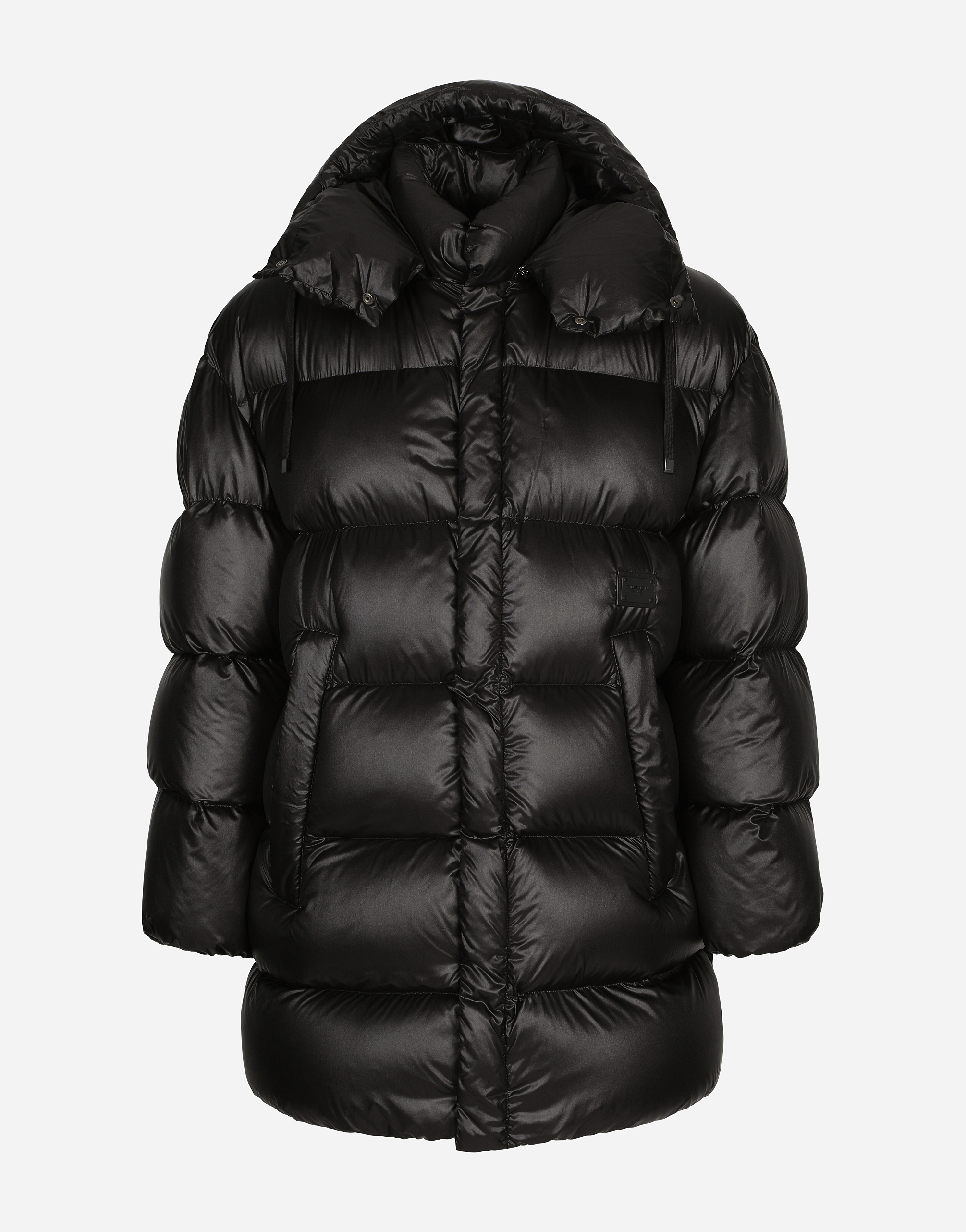 Quilted nylon jacket with hood and tag in Black