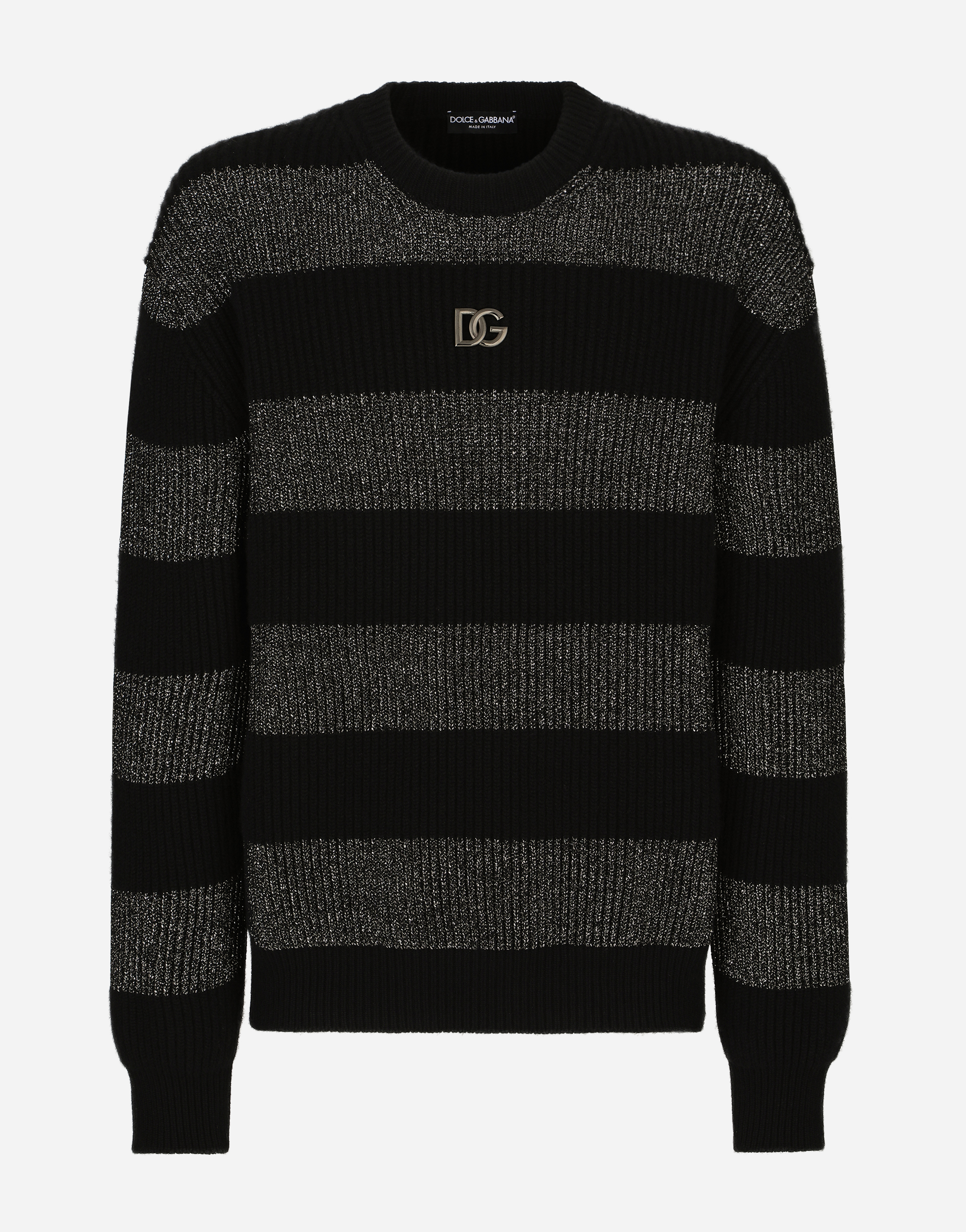 Round-neck striped cashmere sweater with DG patch in Multicolor