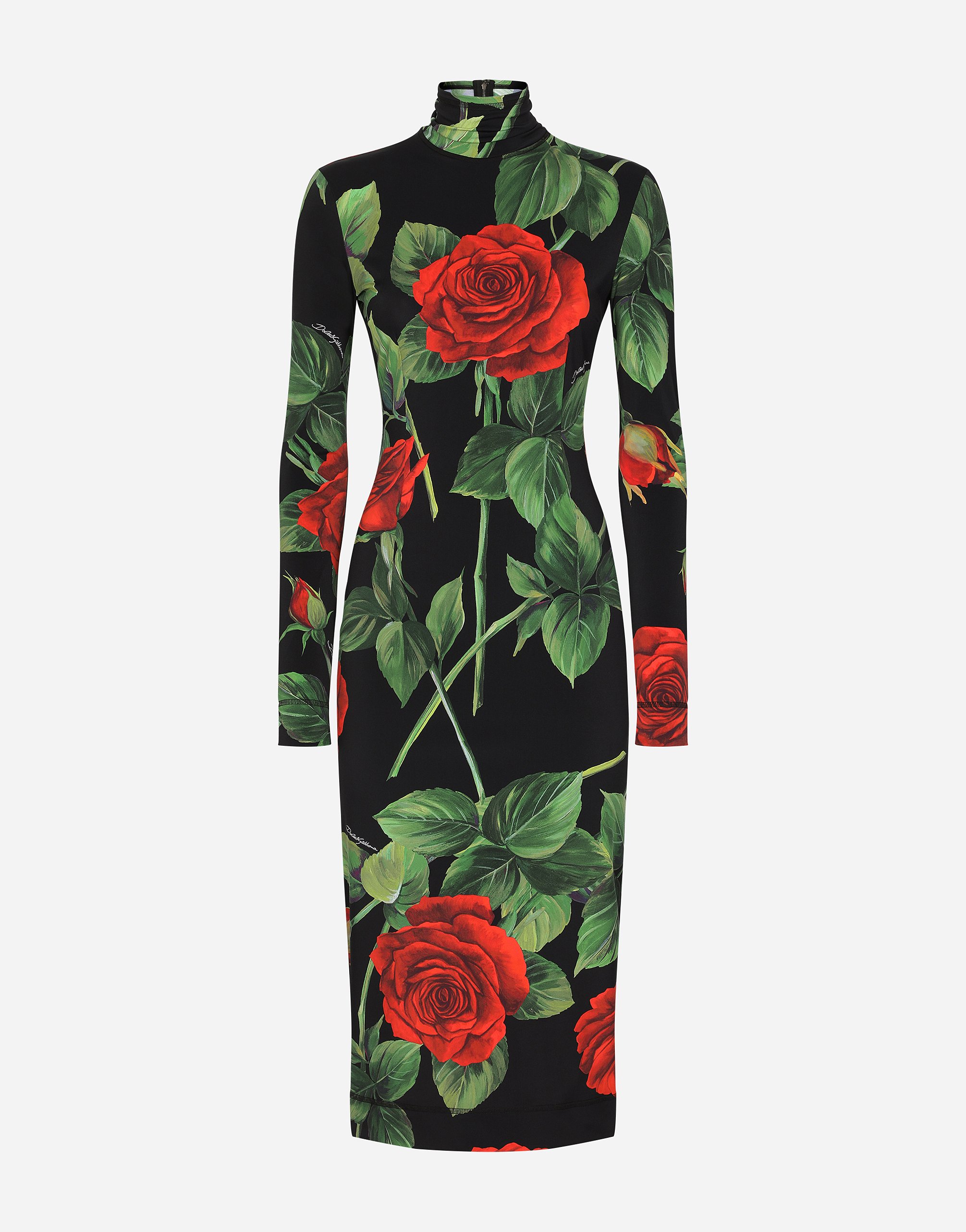 Jersey calf-length dress with red rose print in Multicolor