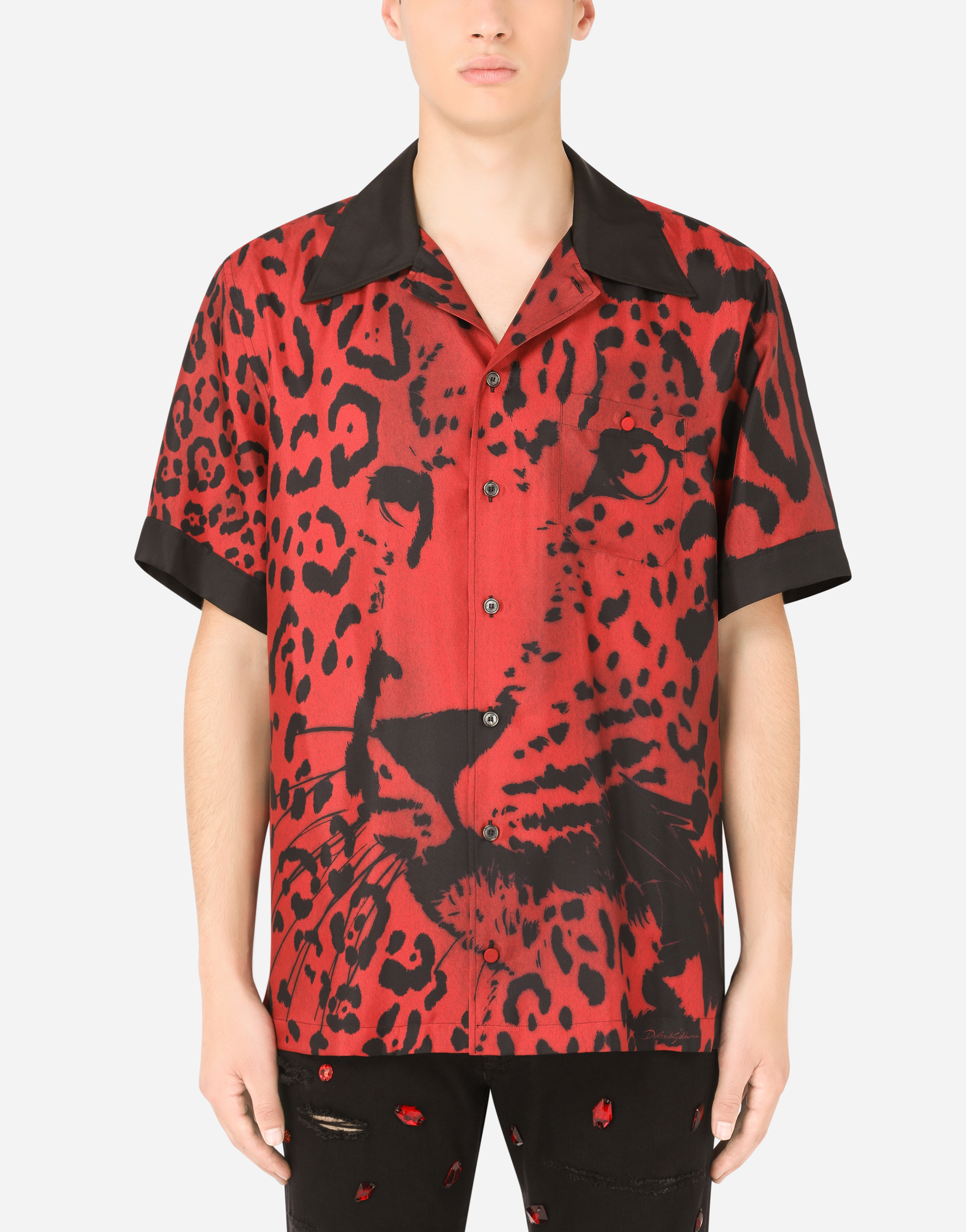 Silk Hawaiian shirt with leopard print in Multicolor