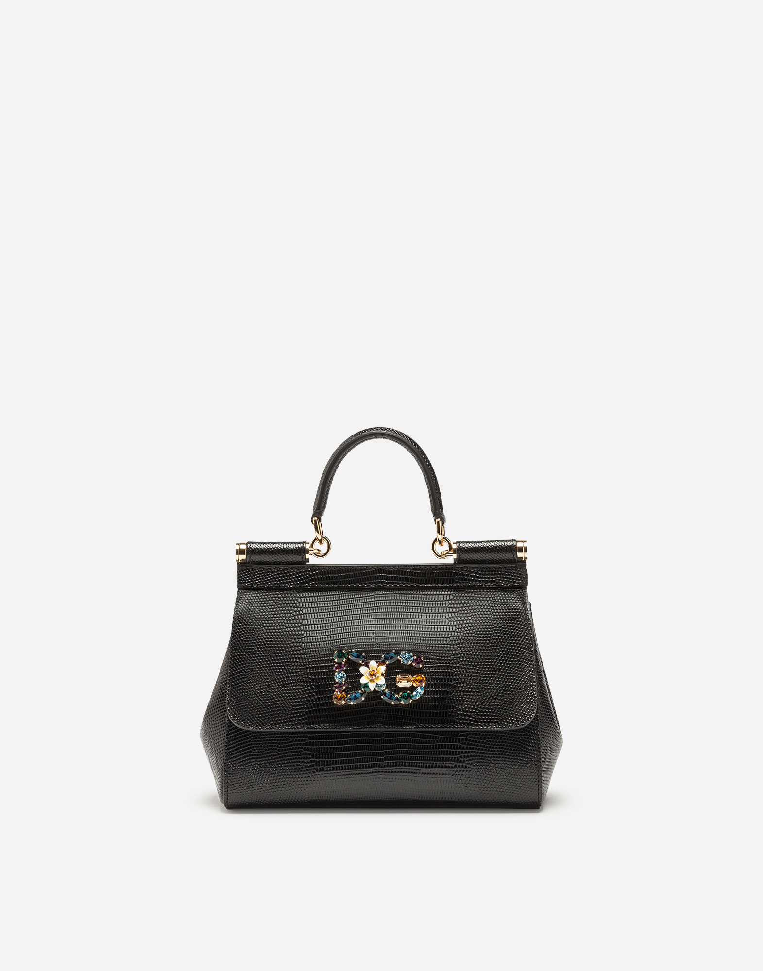 Small Sicily handbag in iguana print calfskin with DG logo crystals in Black