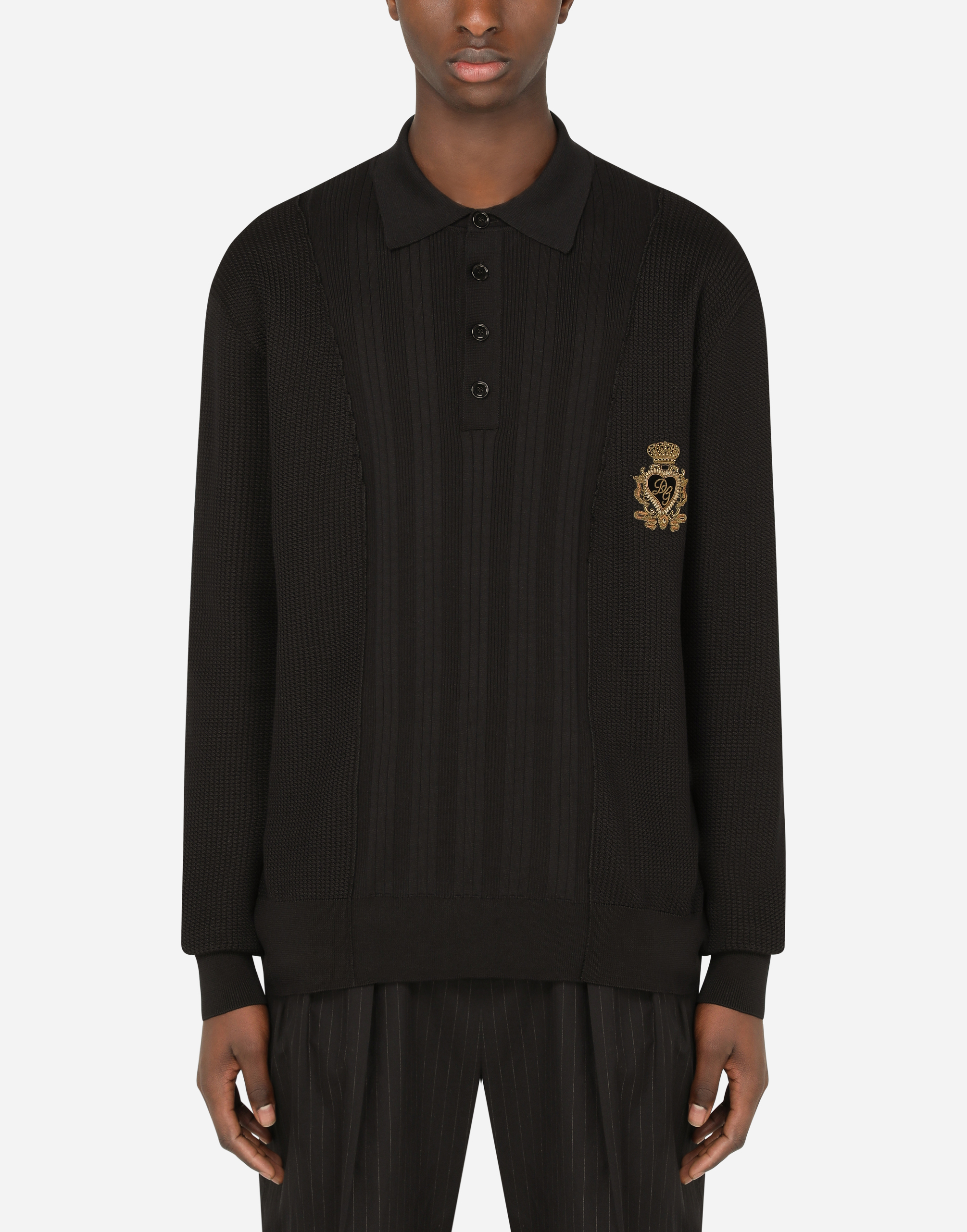 Mixed knit polo-style sweatshirt with patch in Black