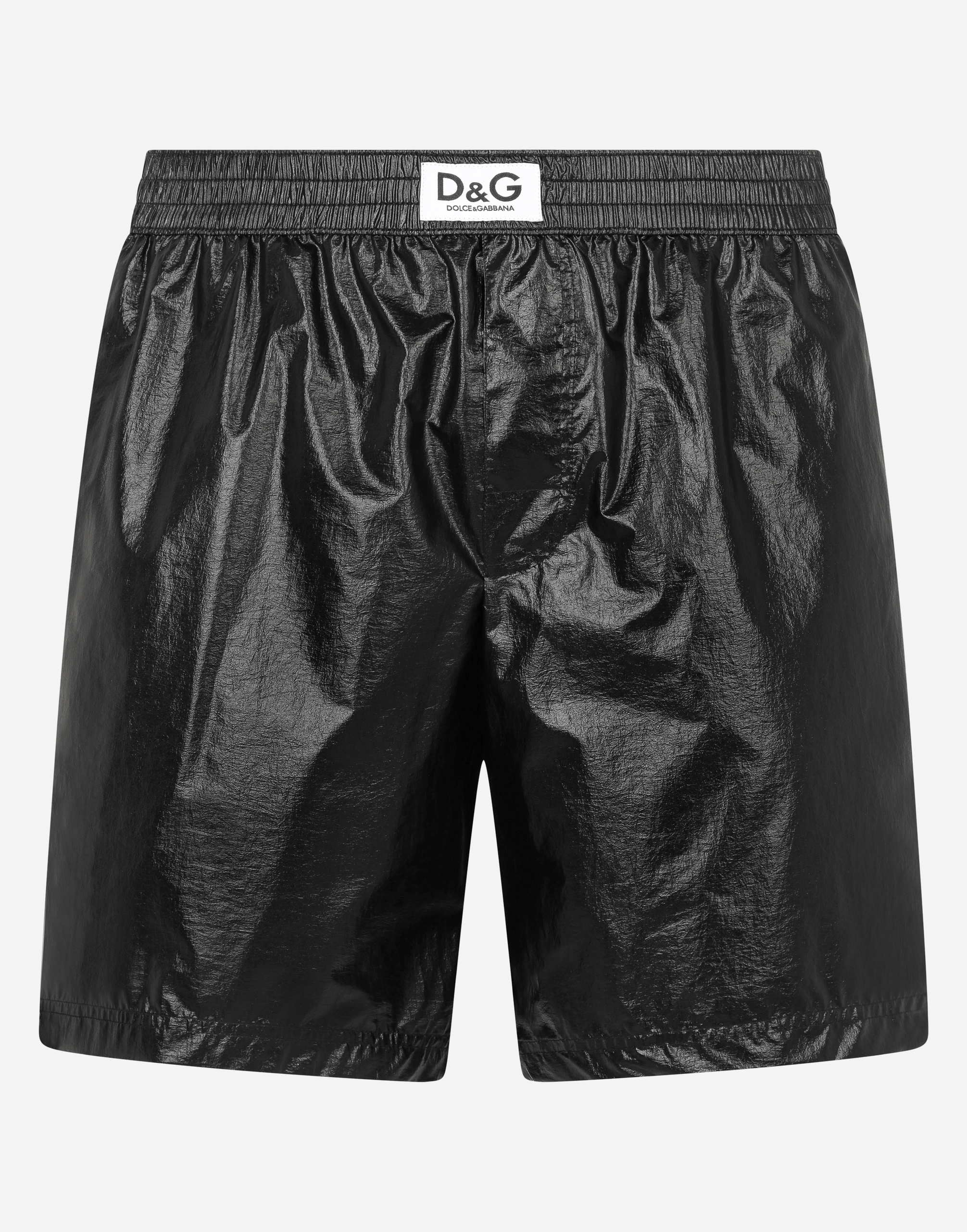 Laminated mid-length swim trunks with DG patch in Black