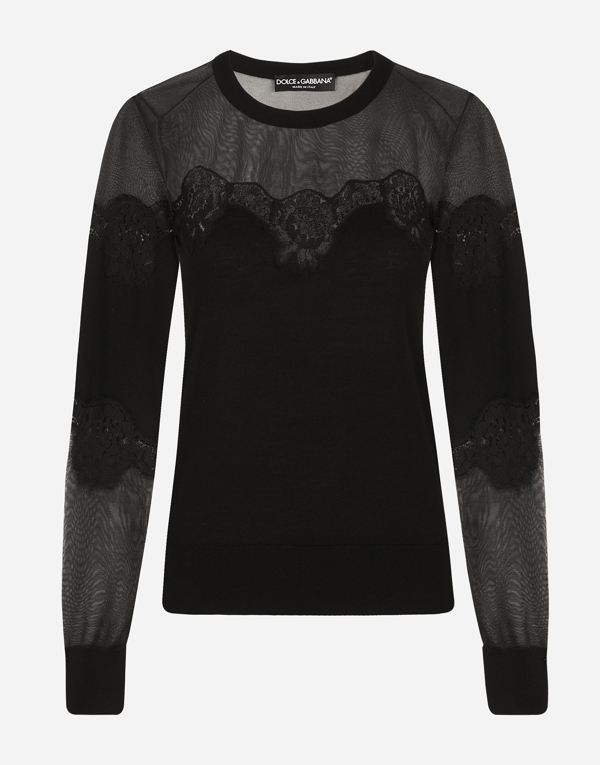 Cashmere, tulle and silk sweater with lace in Black