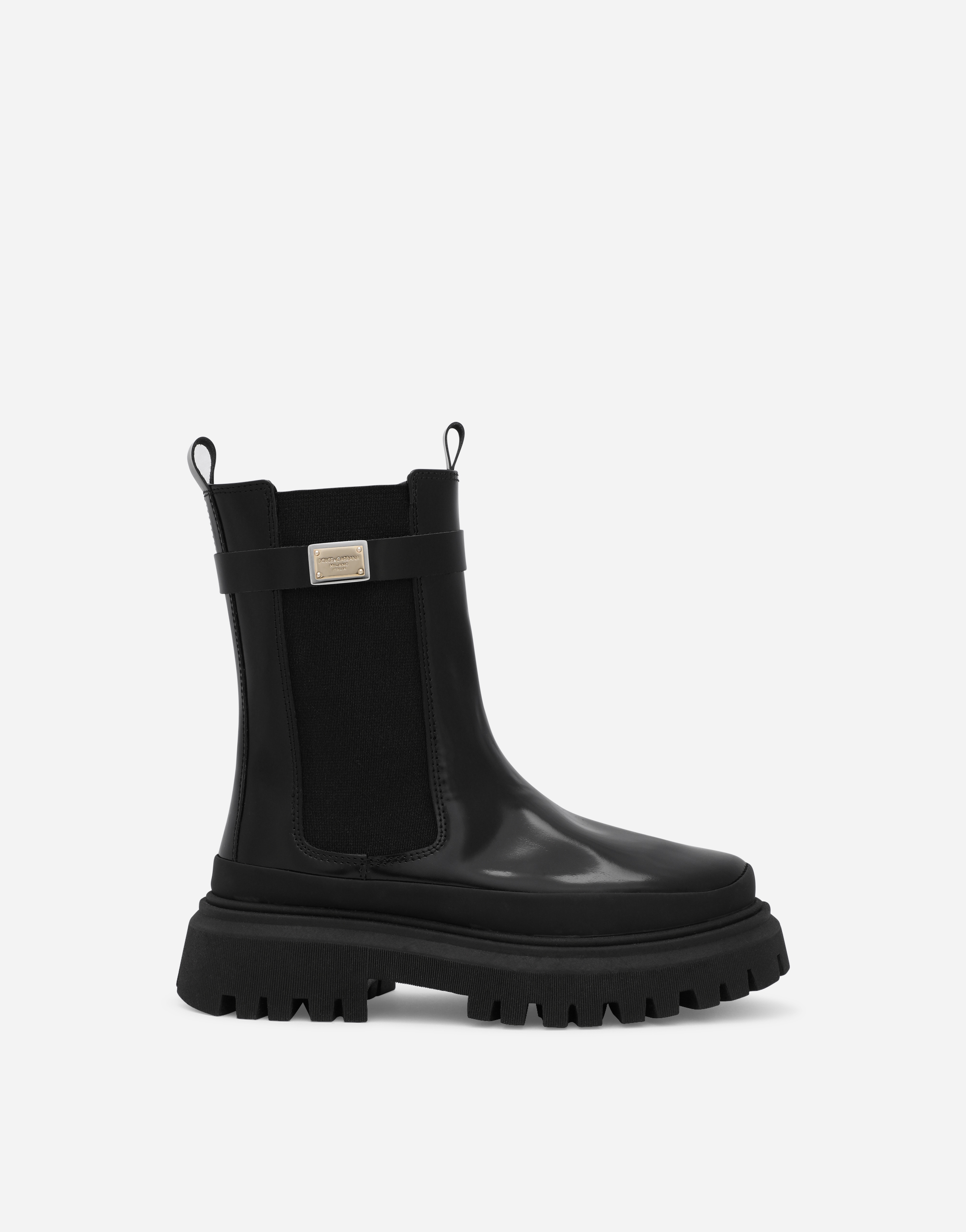 Calfskin boots with logo tag in Black