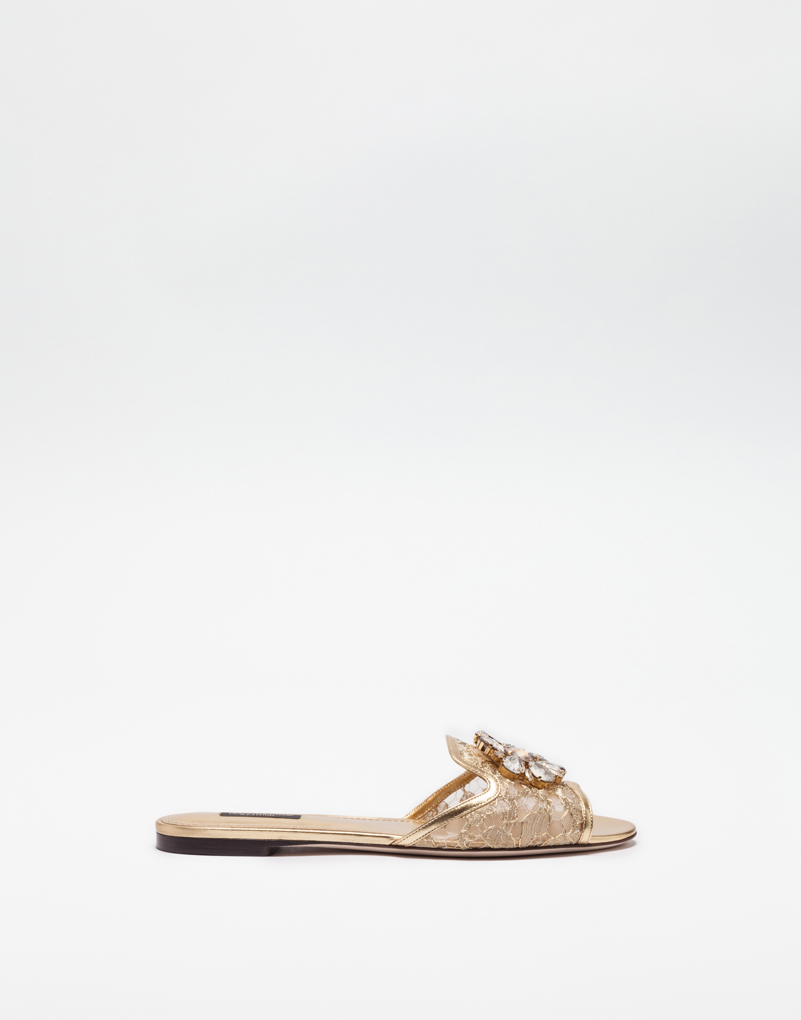 Lurex lace rainbow slides with brooch detailing in Gold