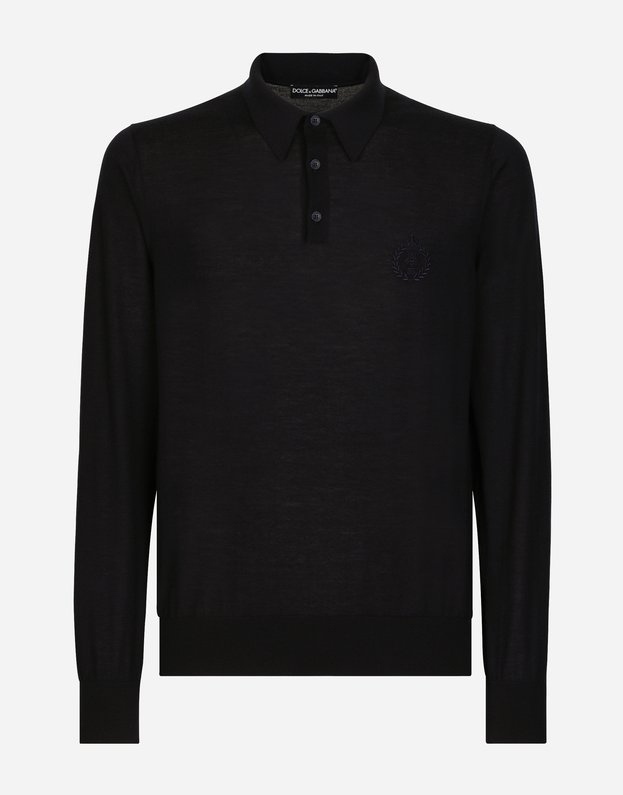 Cashmere polo-style sweater with DG logo embroidery in Blue