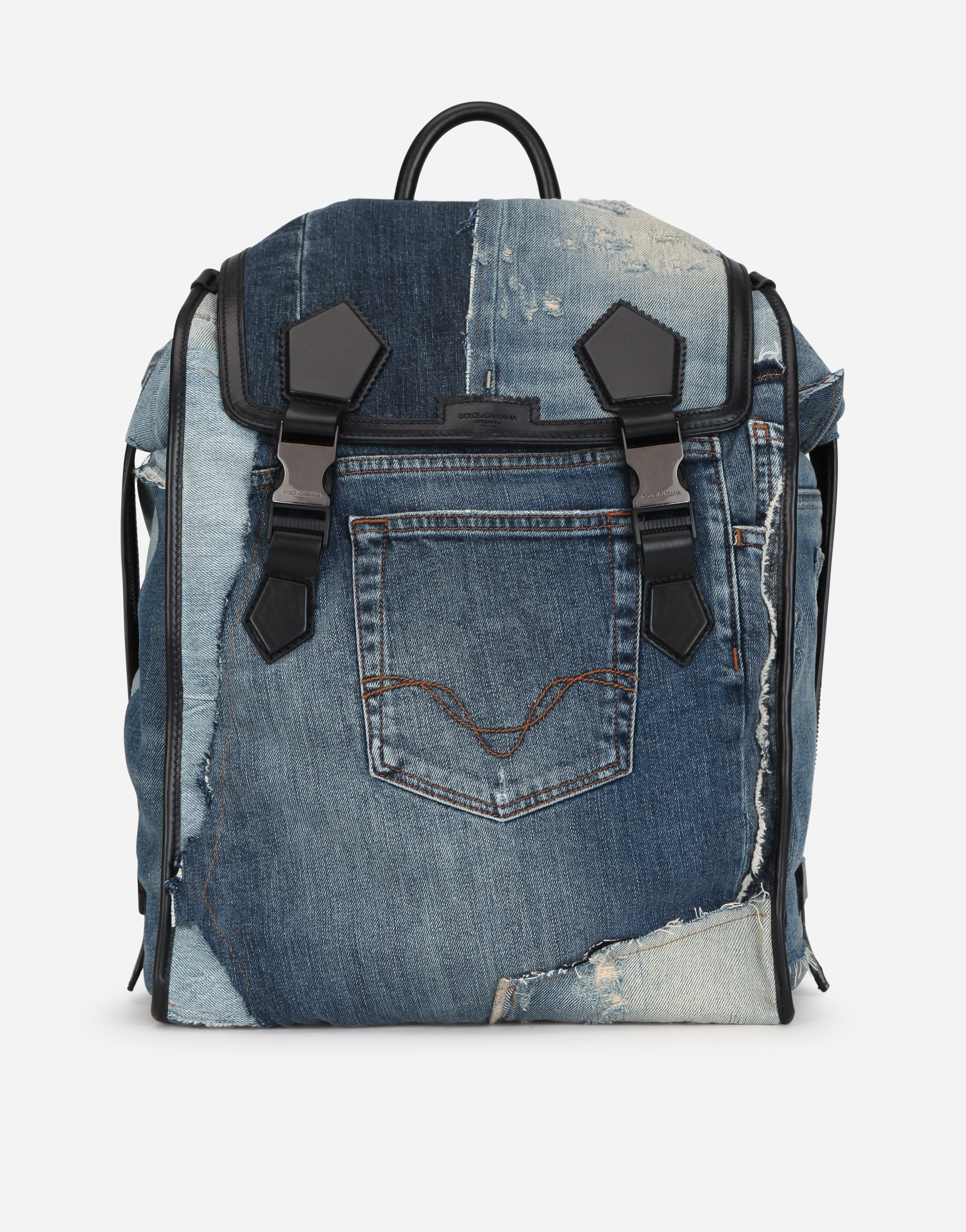 Patchwork denim edge backpack in Blue