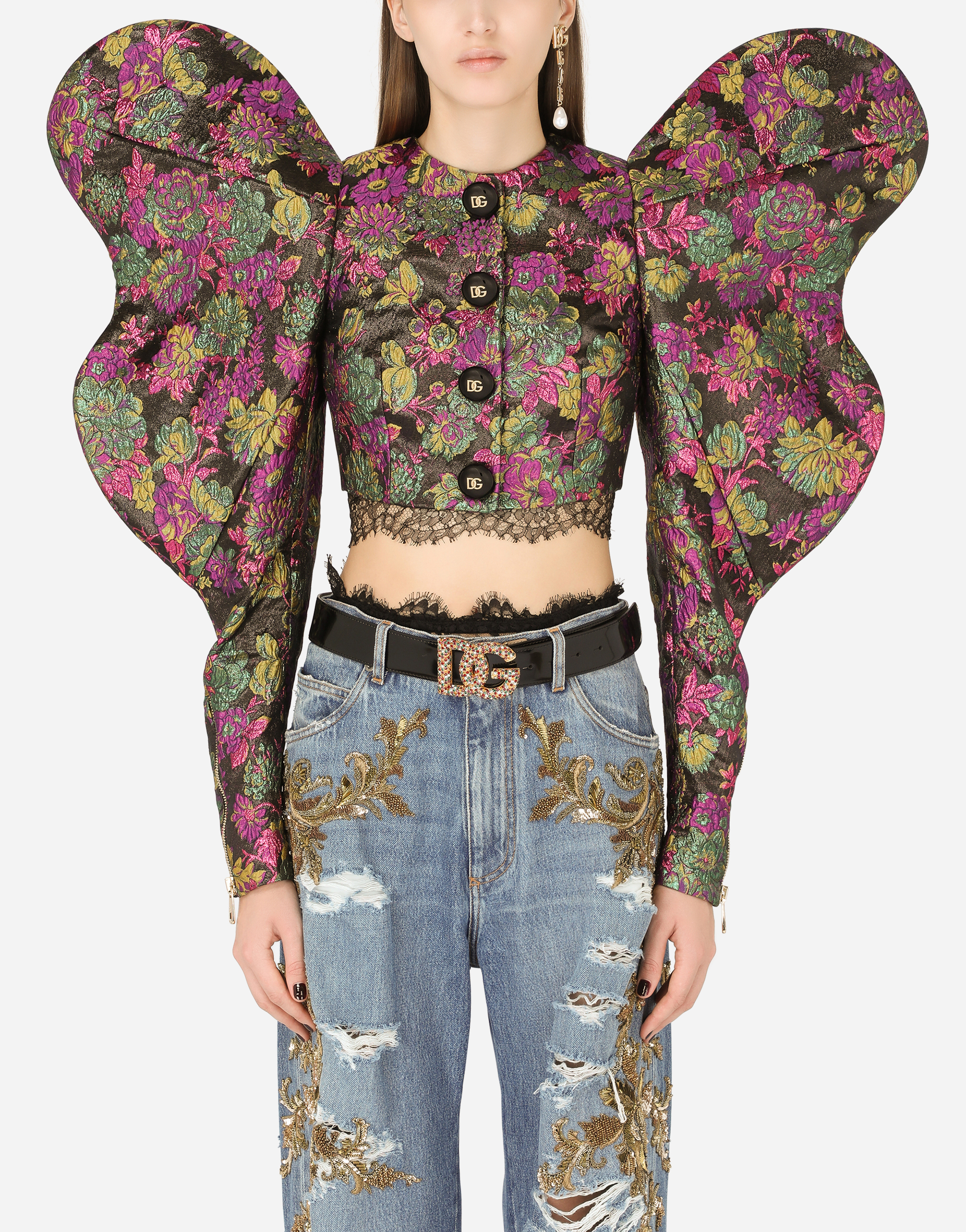 Short floral lamé jacquard jacket in Multicolor