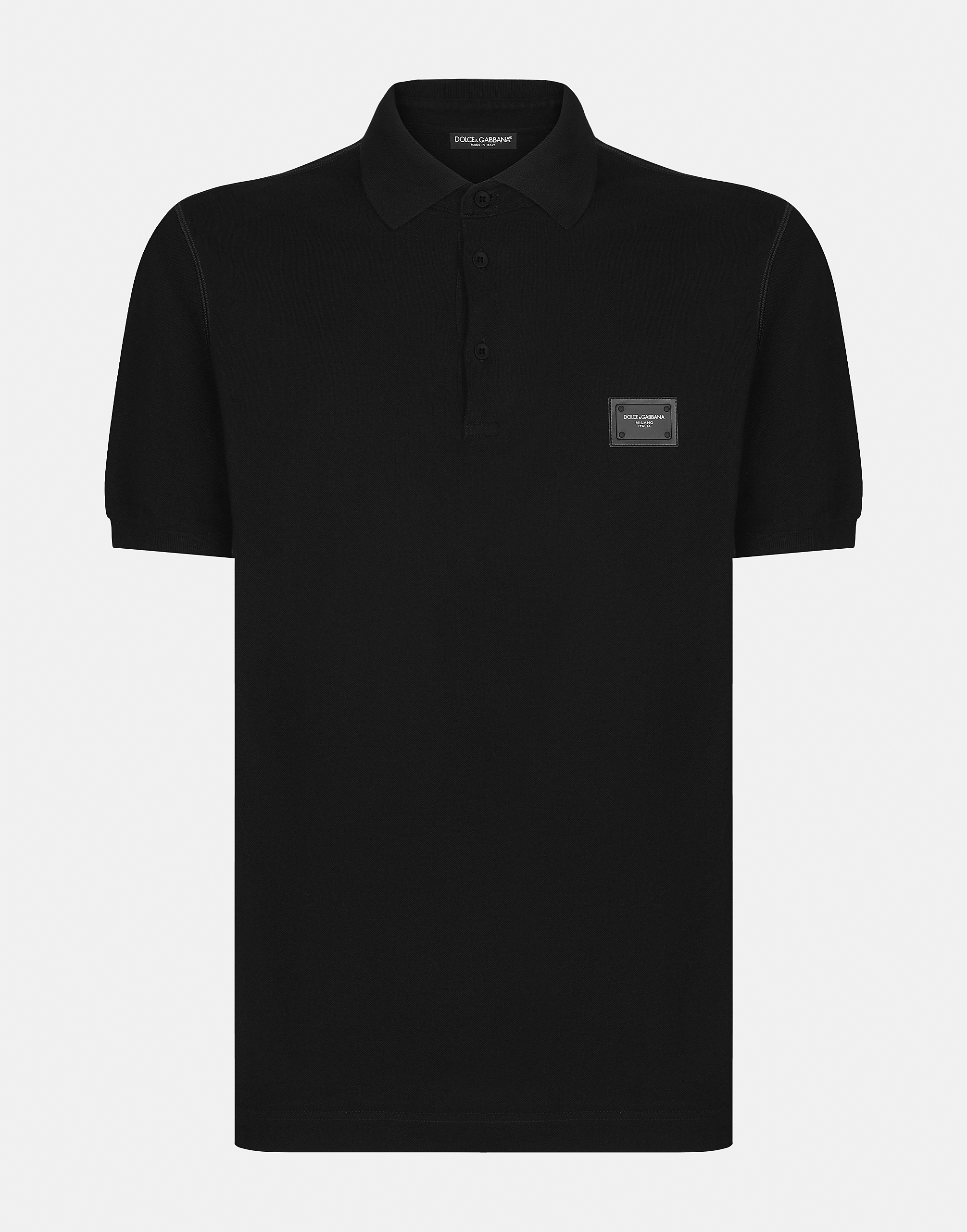 Cotton piqué polo-shirt with branded plate in Black