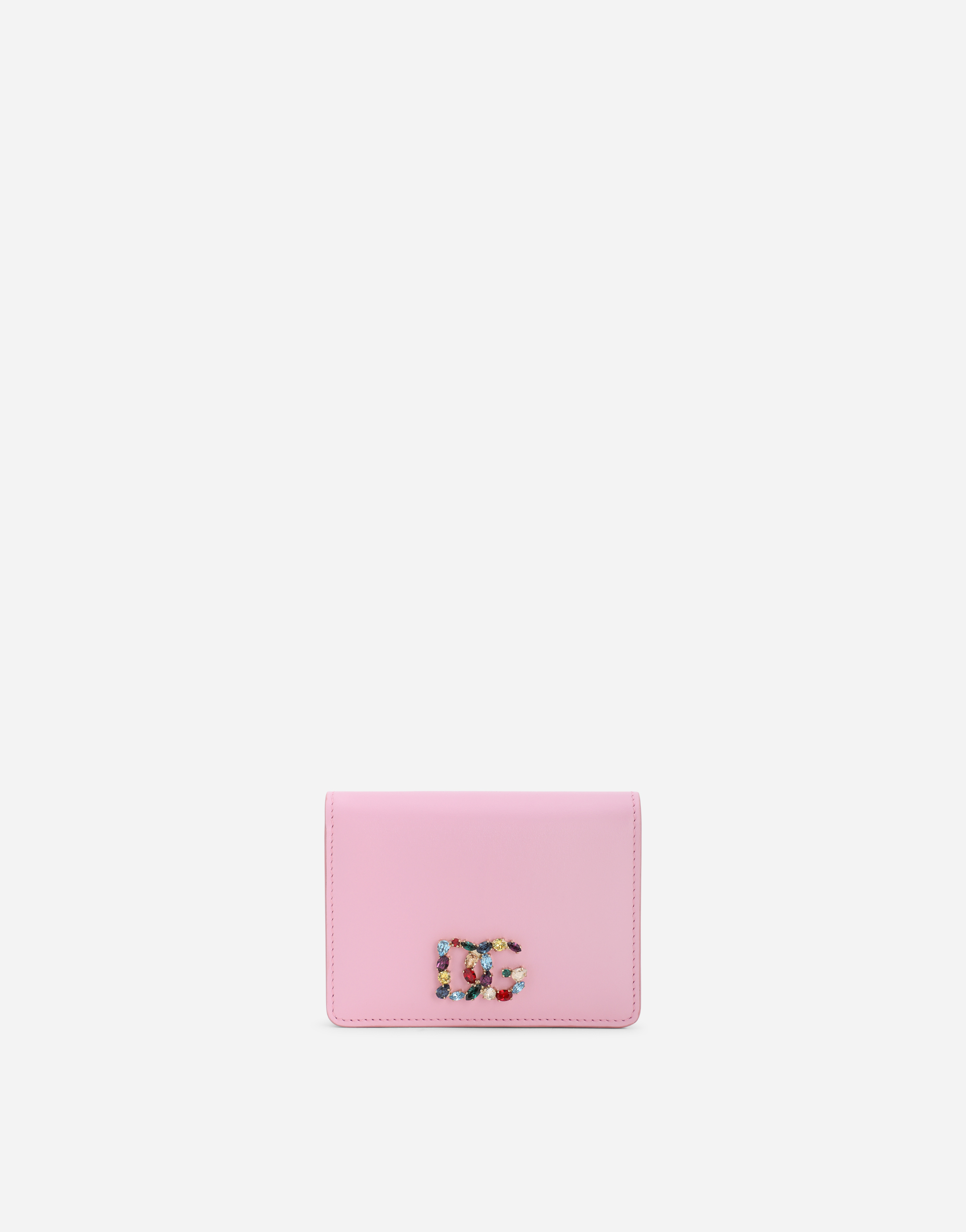 Calfskin wallet with rhinestone-detailed DG logo in Pink