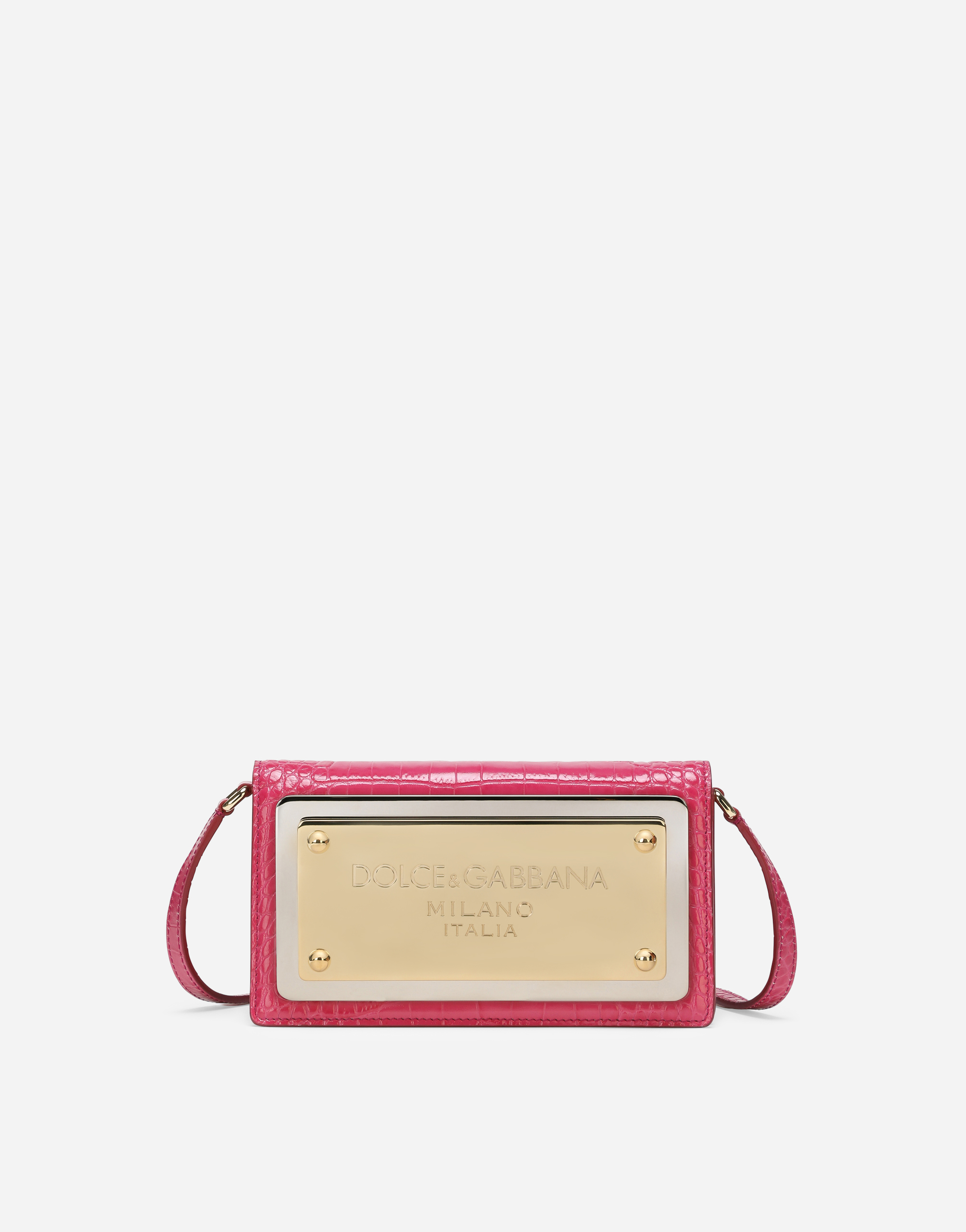Phone bag with branded maxi-plate in Fuchsia