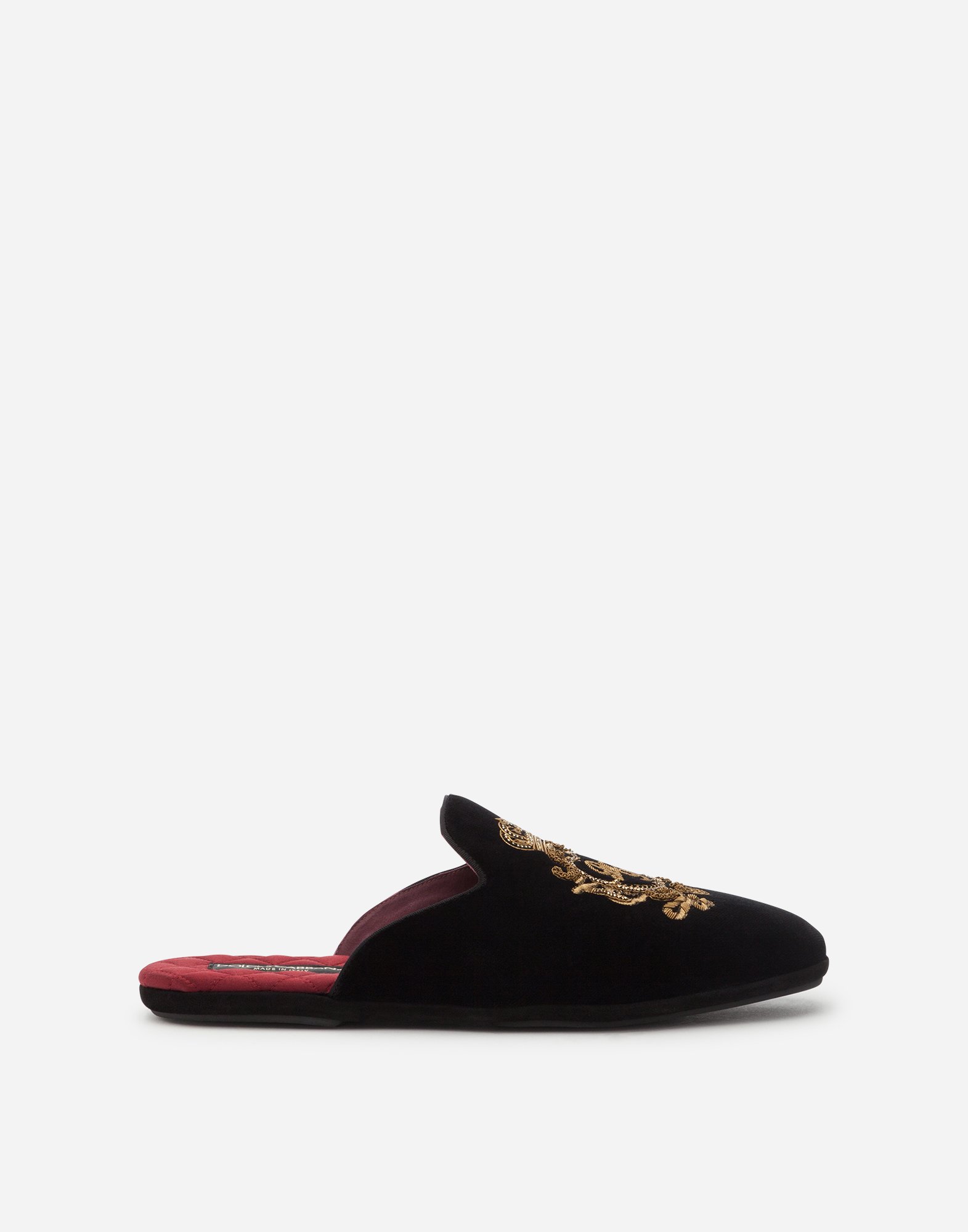 Velvet slippers with coat of arms embroidery in Black