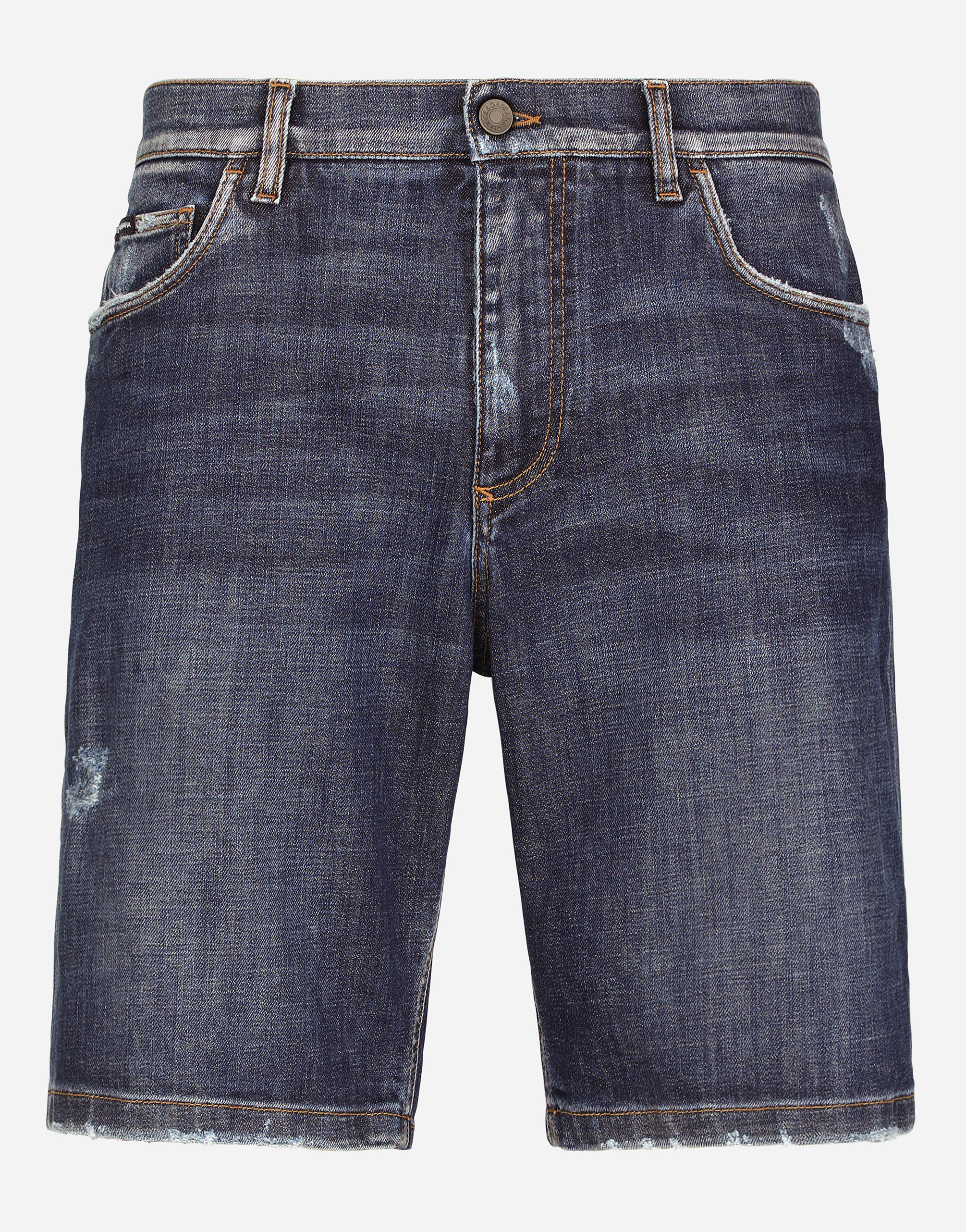Blue denim shorts with rips and embroidery in Multicolor