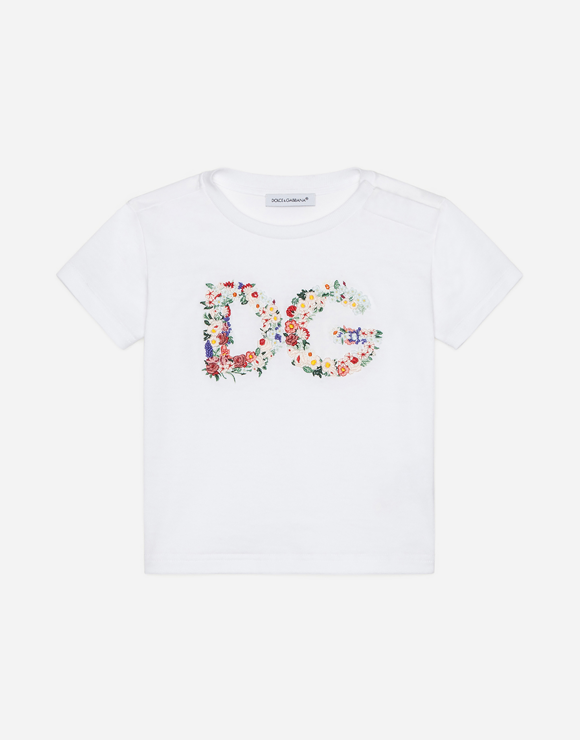 Dolce & Gabbana Babies' Jersey T-shirt With Floral Logo Embroidery In White