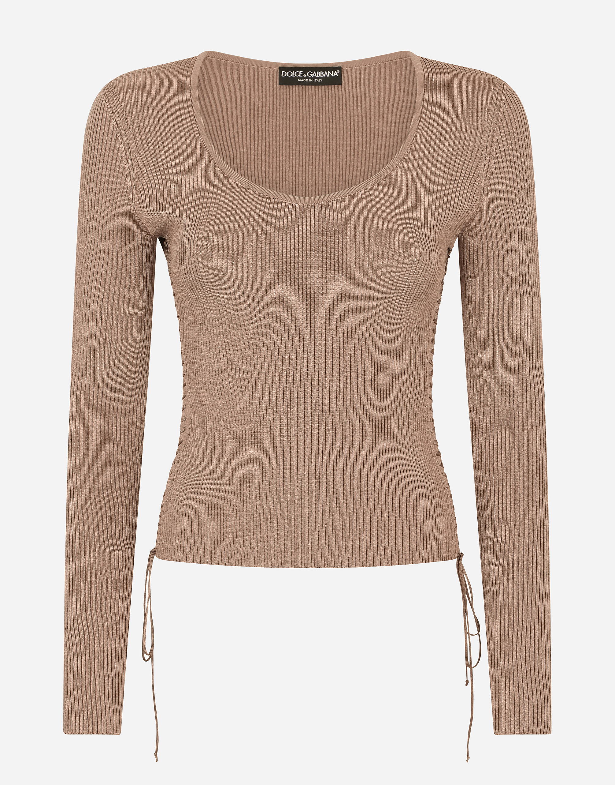 Viscose ribbed sweater with lacing and eyelets in Brown