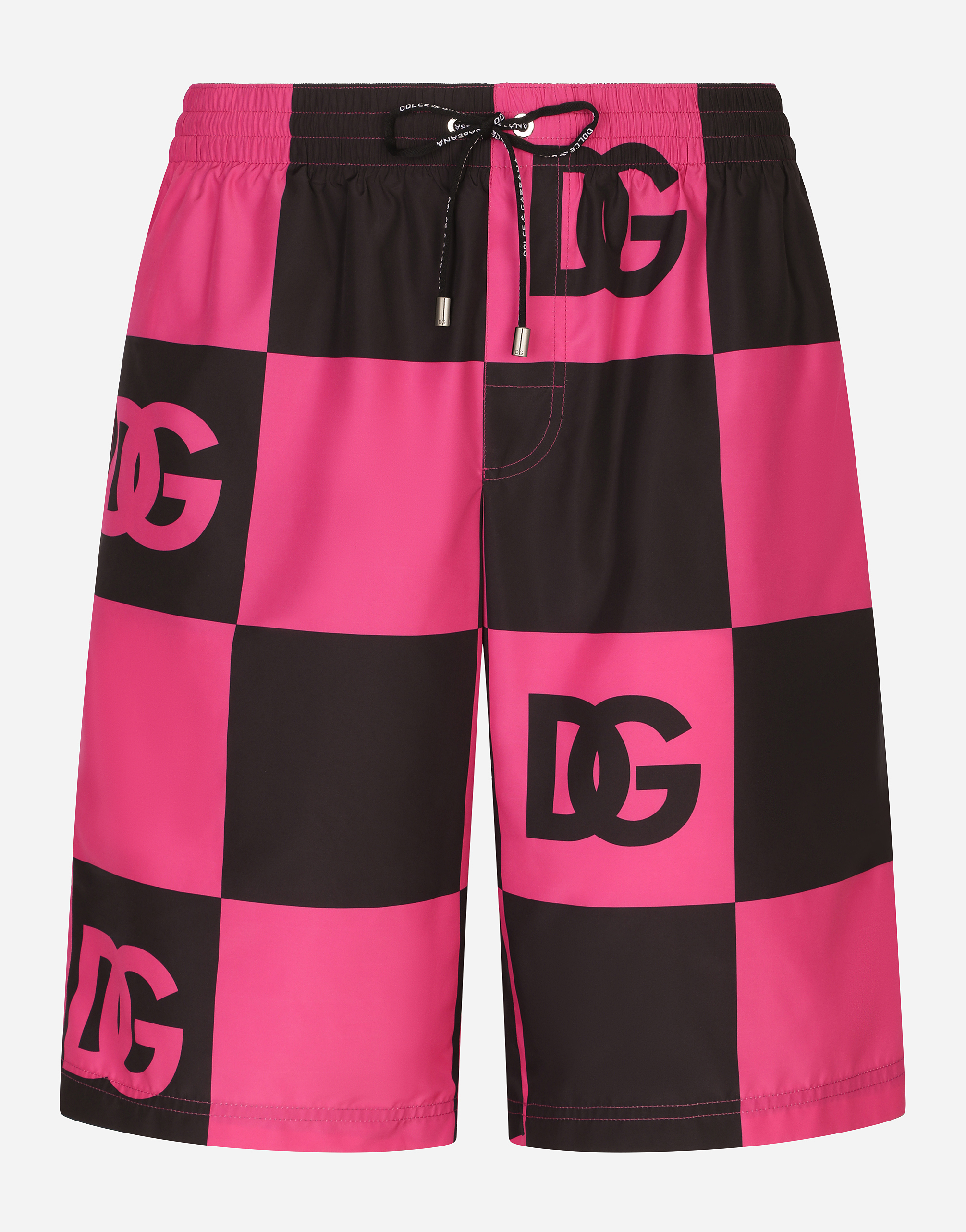 Long damier-print swim trunks with DG logo in Multicolor