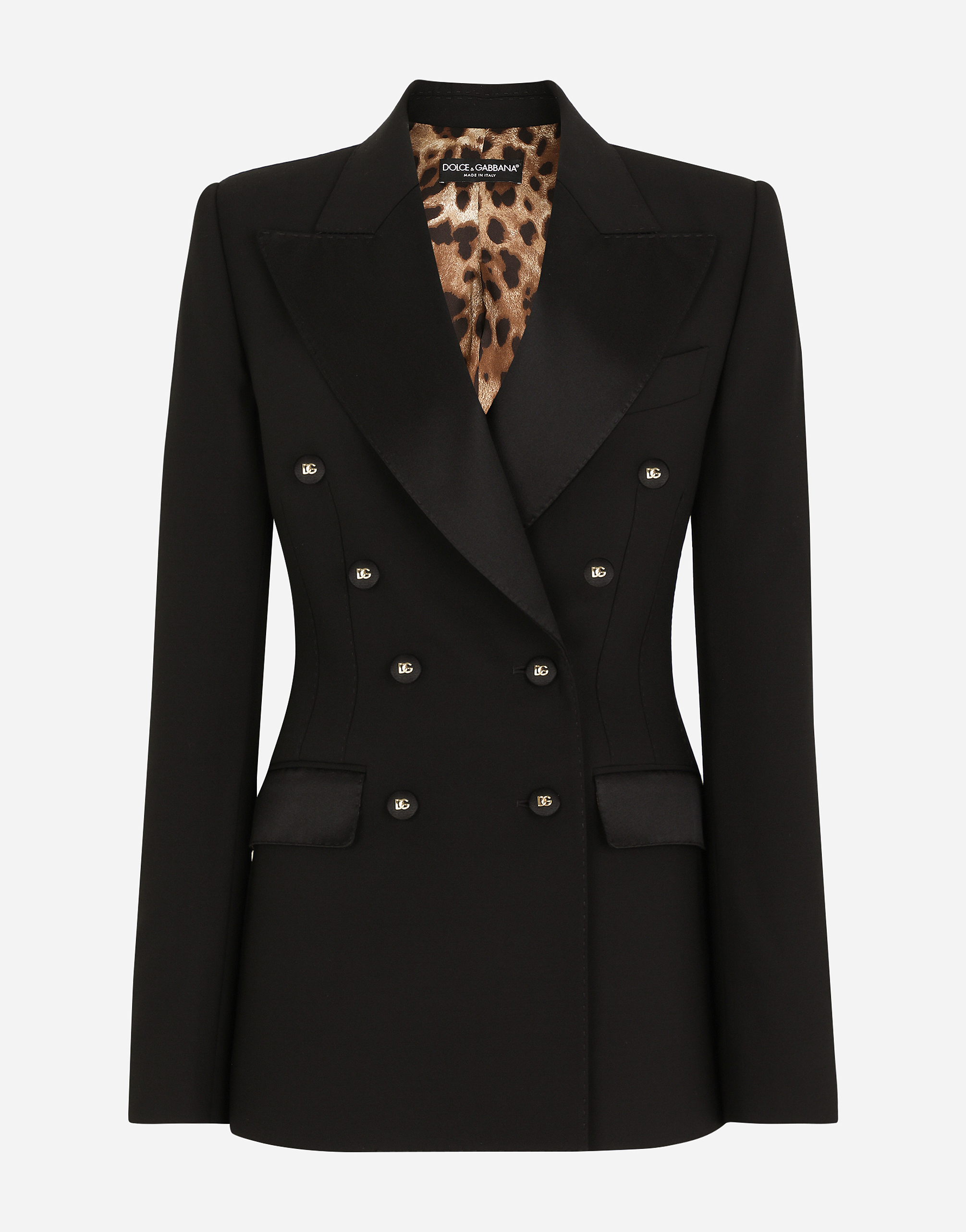 Double-breasted satin and wool fabric jacket in Black