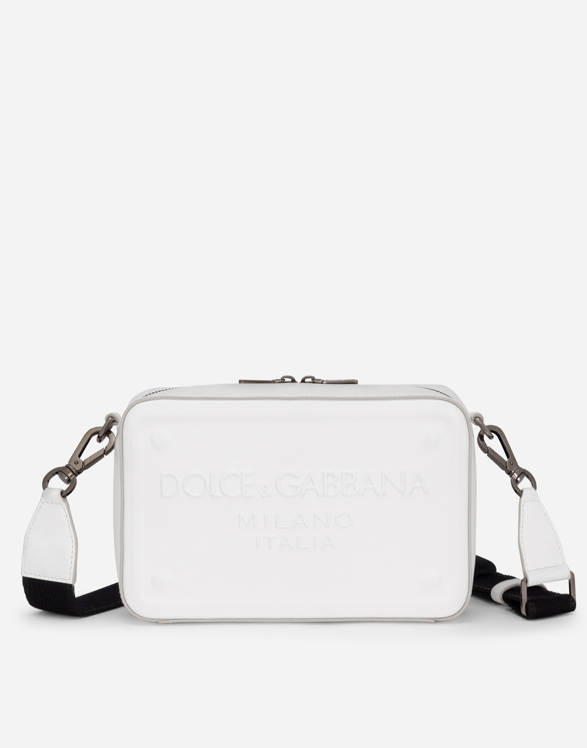 Calfskin crossbody bag with raised logo in White