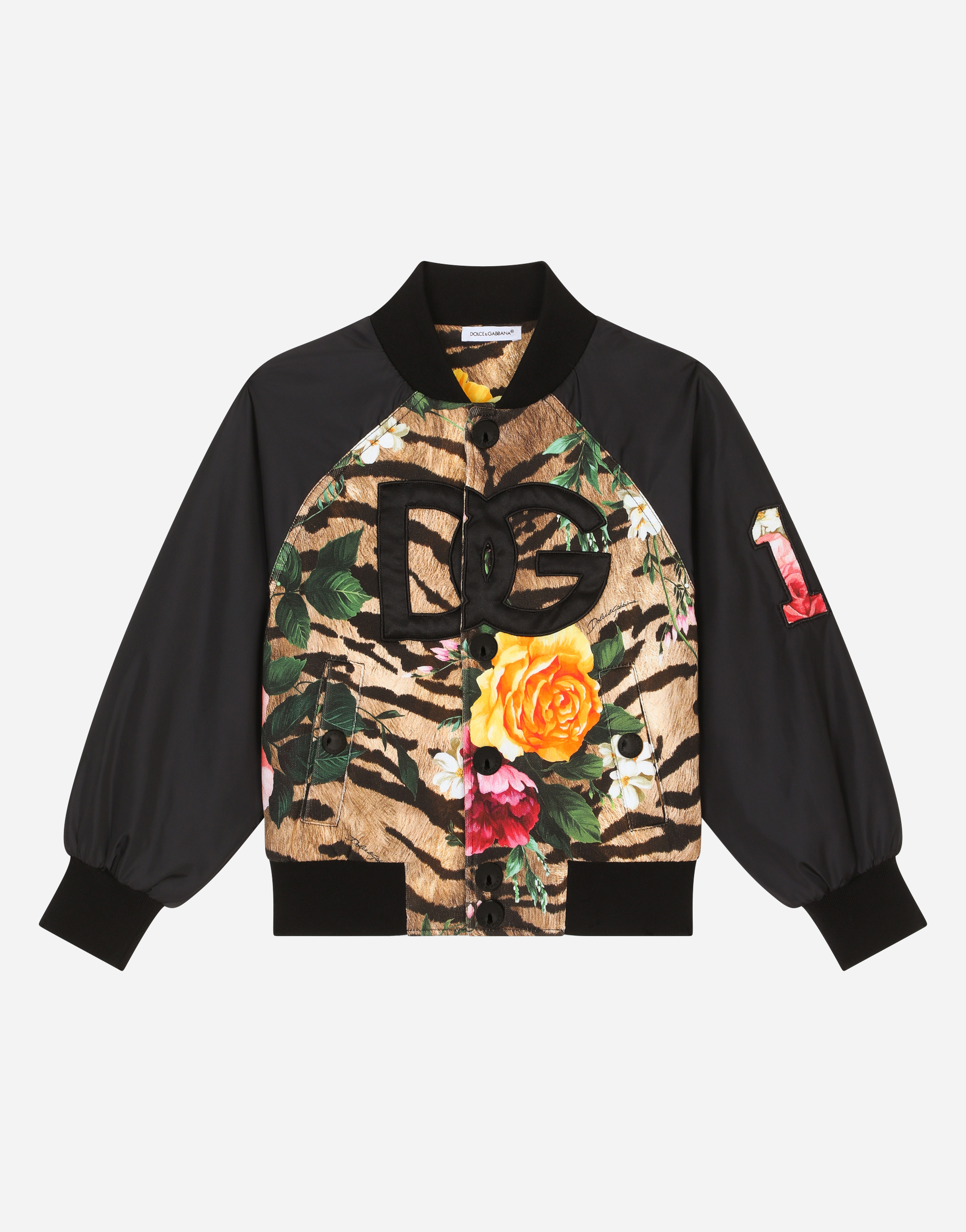 Jersey and nylon bomber jacket with tiger and rose print in Multicolor