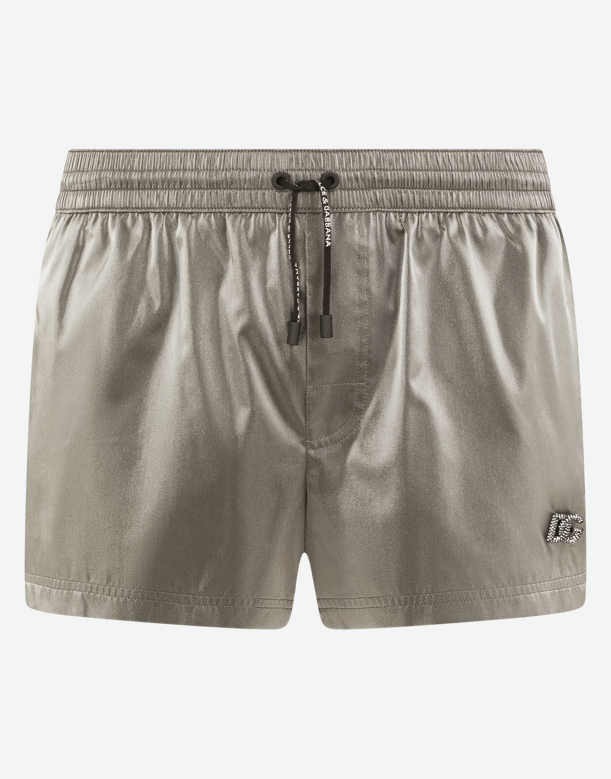 Short iridescent nylon swim trunks with patch in Grey